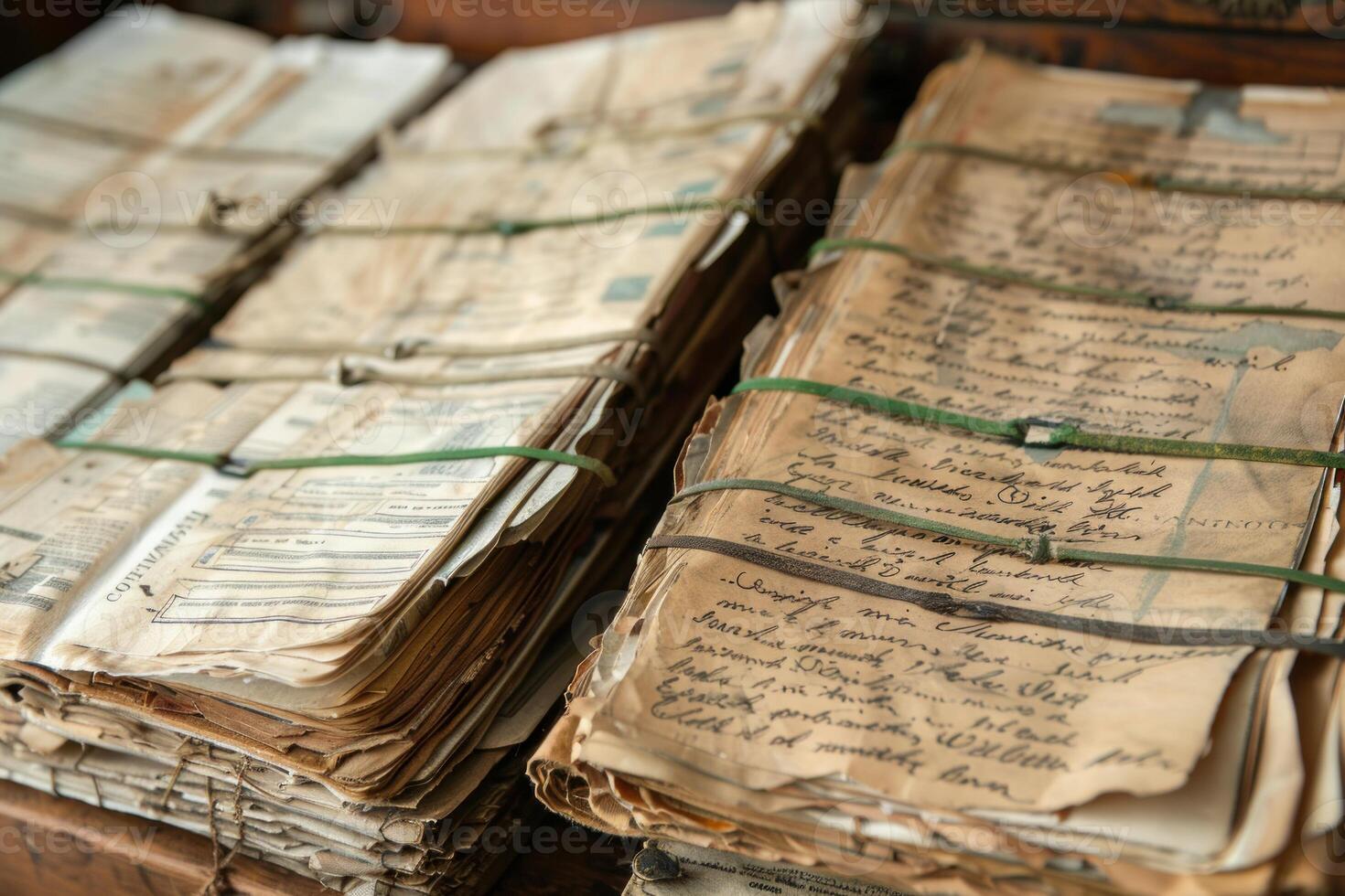 Old handwritten documents tied with string are stacked in archive photo