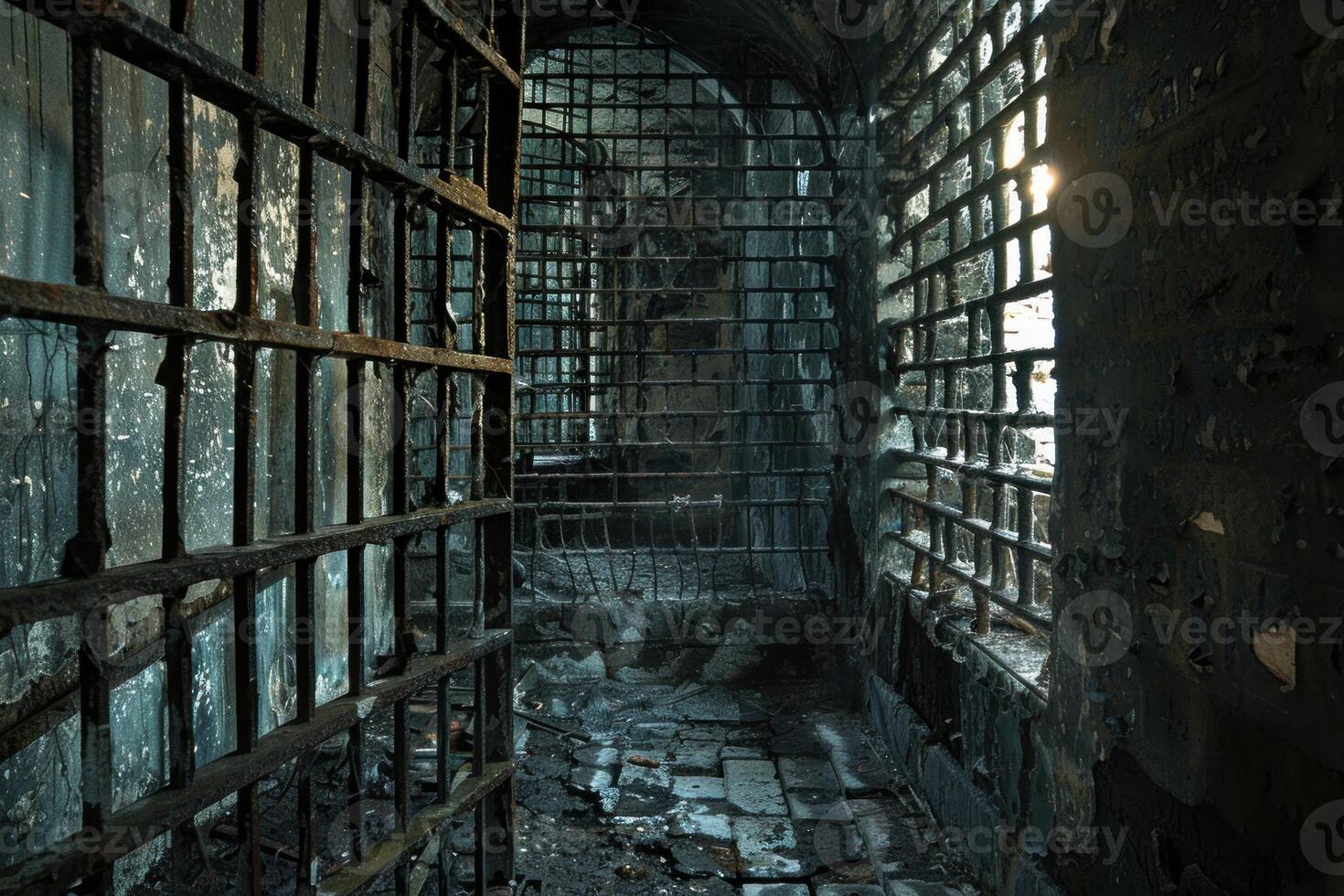 Sunlight shining through bars of derelict prison cell block photo