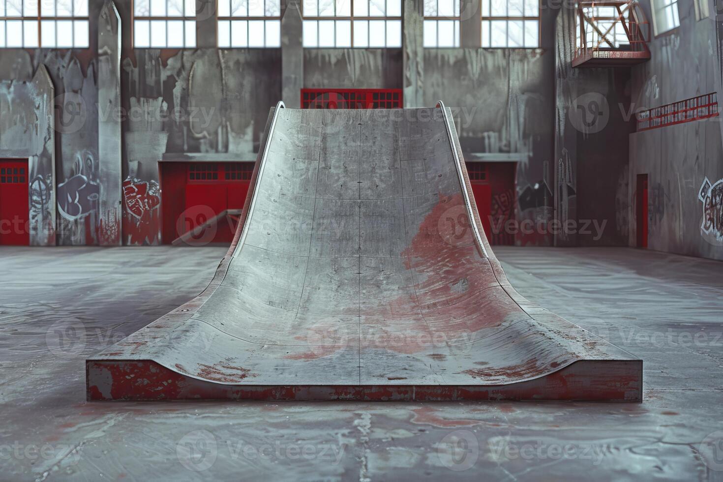 Empty skatepark ramp awaiting skateboarders in urban setting photo