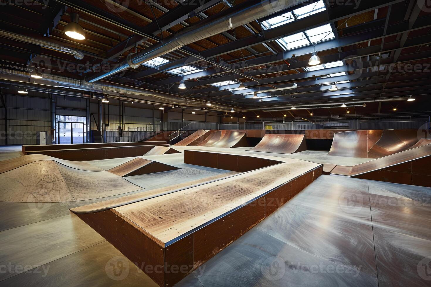 Indoor skatepark facility with ramps for extreme sports training photo