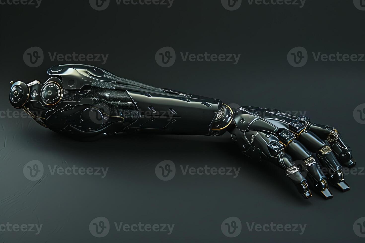 Advanced bionic arm resting on a table is waiting to be used photo