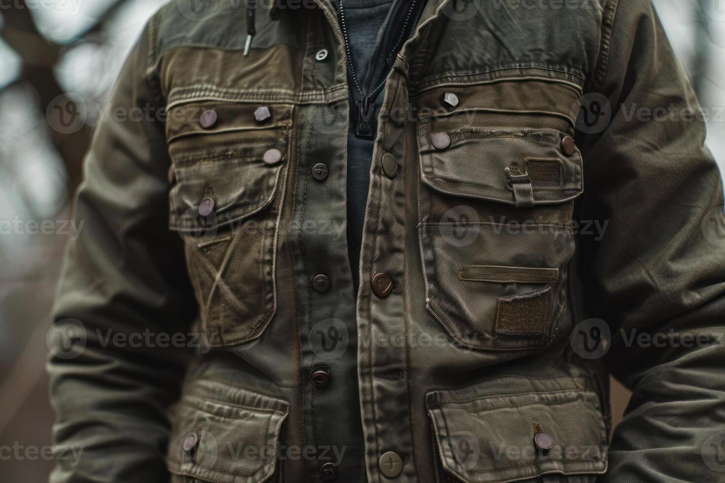 Hunter wearing green hunting jacket with lots of pockets photo