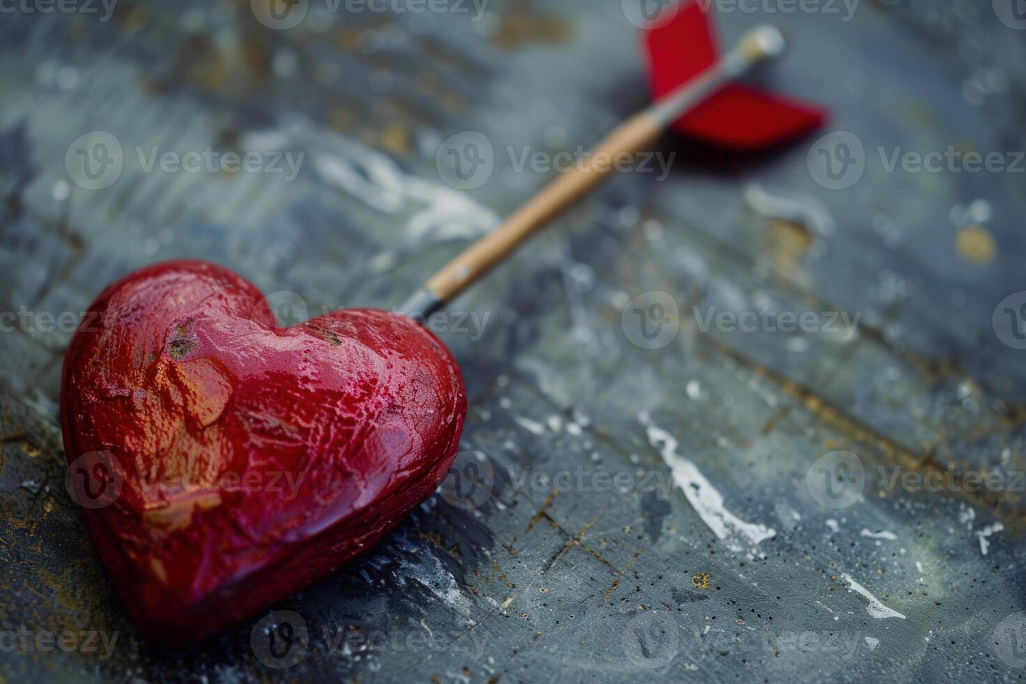 Red heart pierced by cupid's arrow laying on wooden background photo