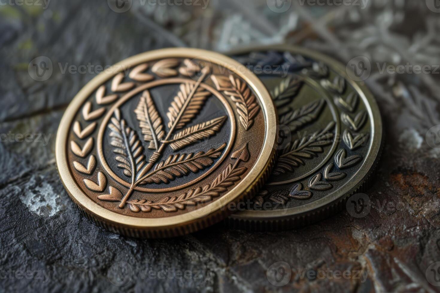 Commemorative coins with laurel wreath design lying on stone surface photo