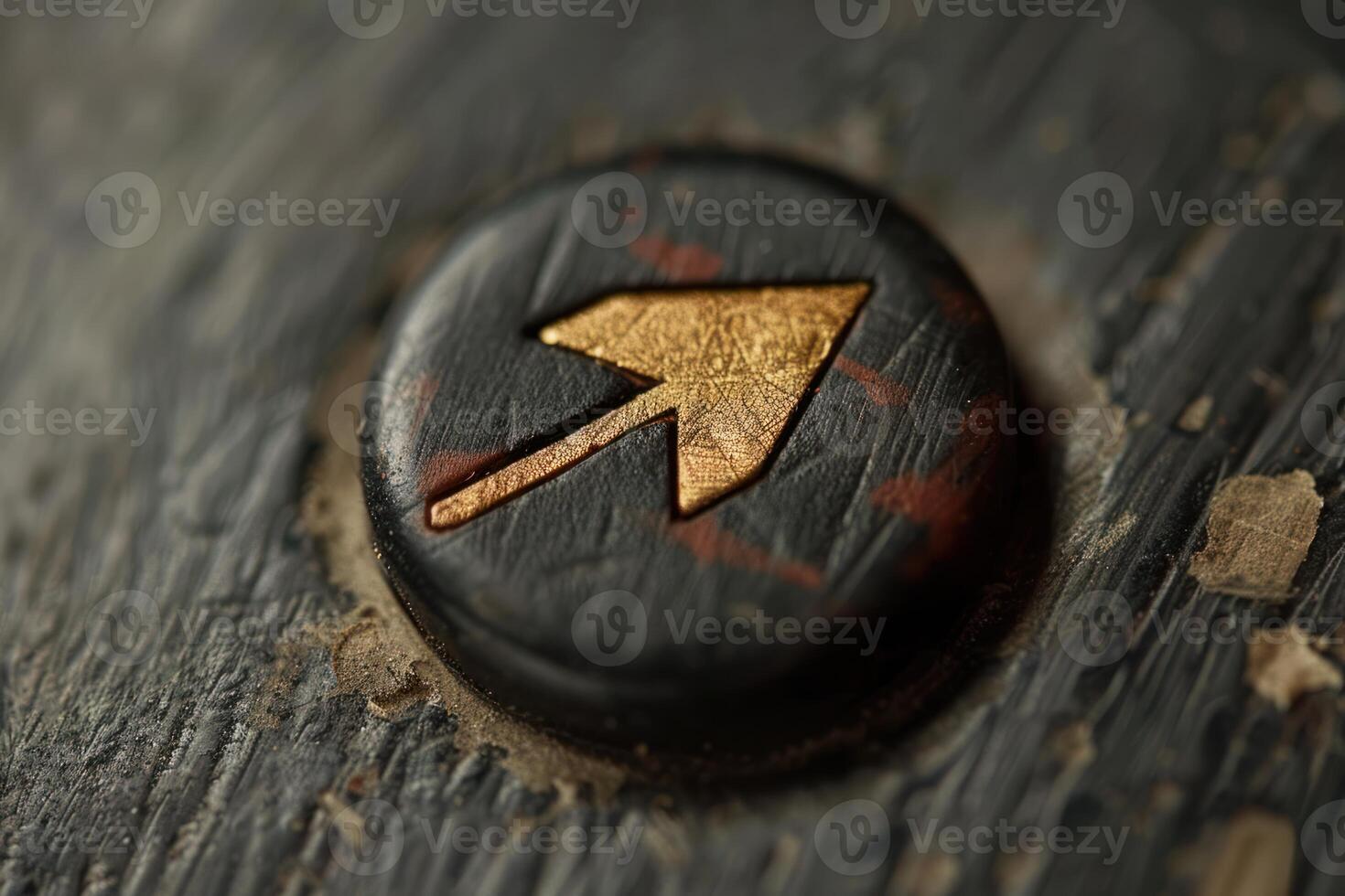 Gold arrow sign pointing up on black button on weathered surface photo