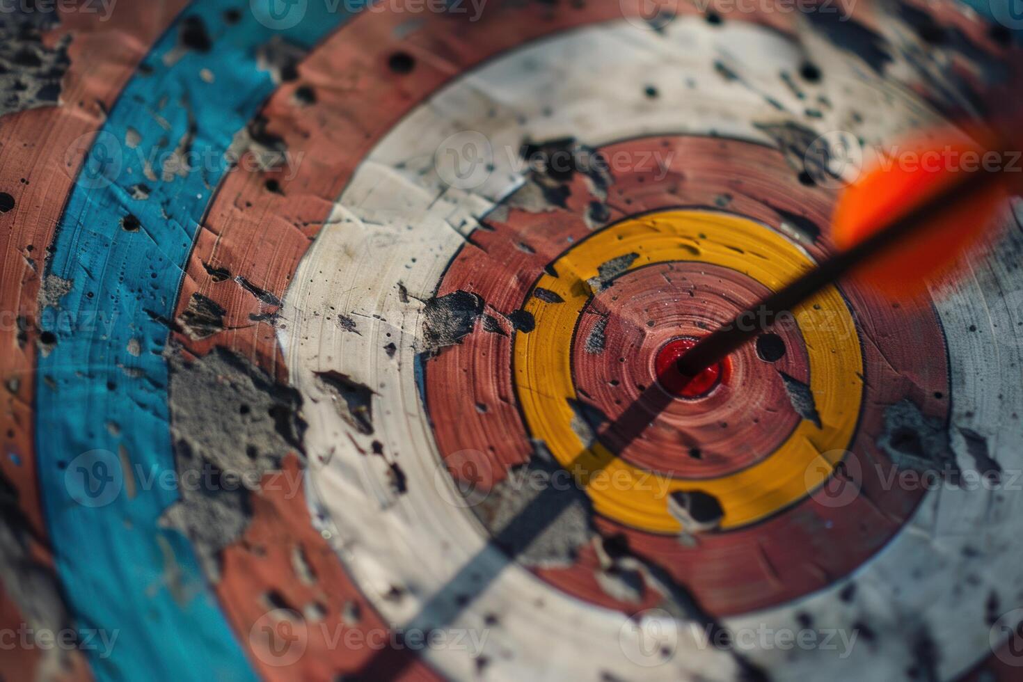 Red arrow hitting the center of an old target on a sunny day photo