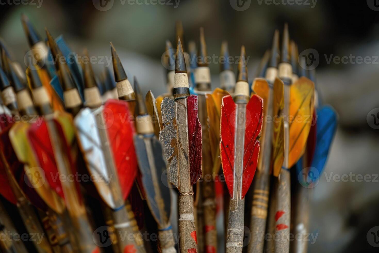Bundle of colorful arrows with feather fletching standing upright photo