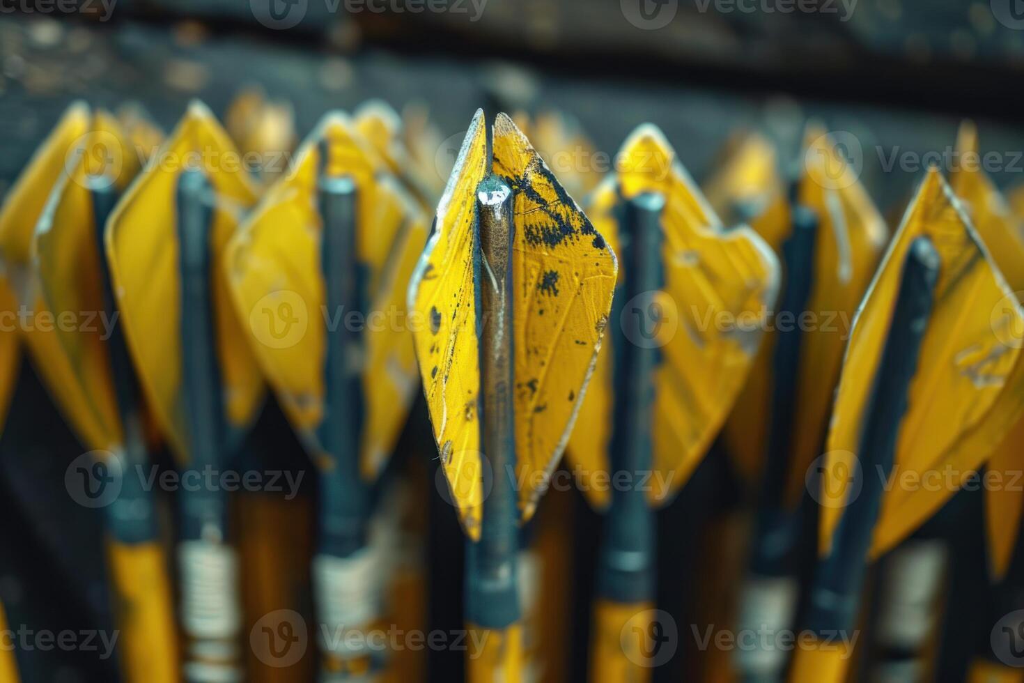 Close up of yellow fletchings on arrows for archery target practice photo