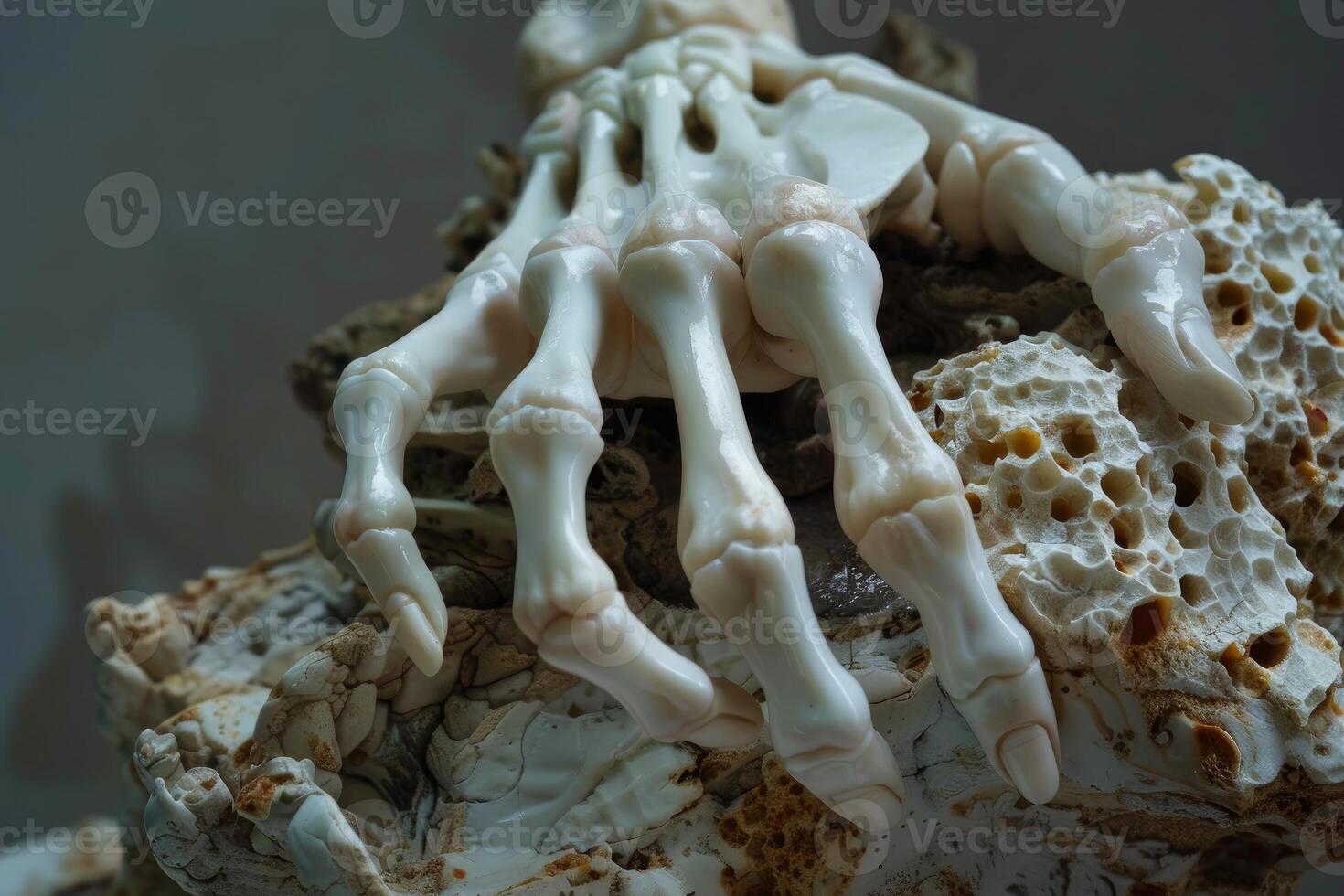 Skeleton hand emerging from rocks symbolizing death and decay photo