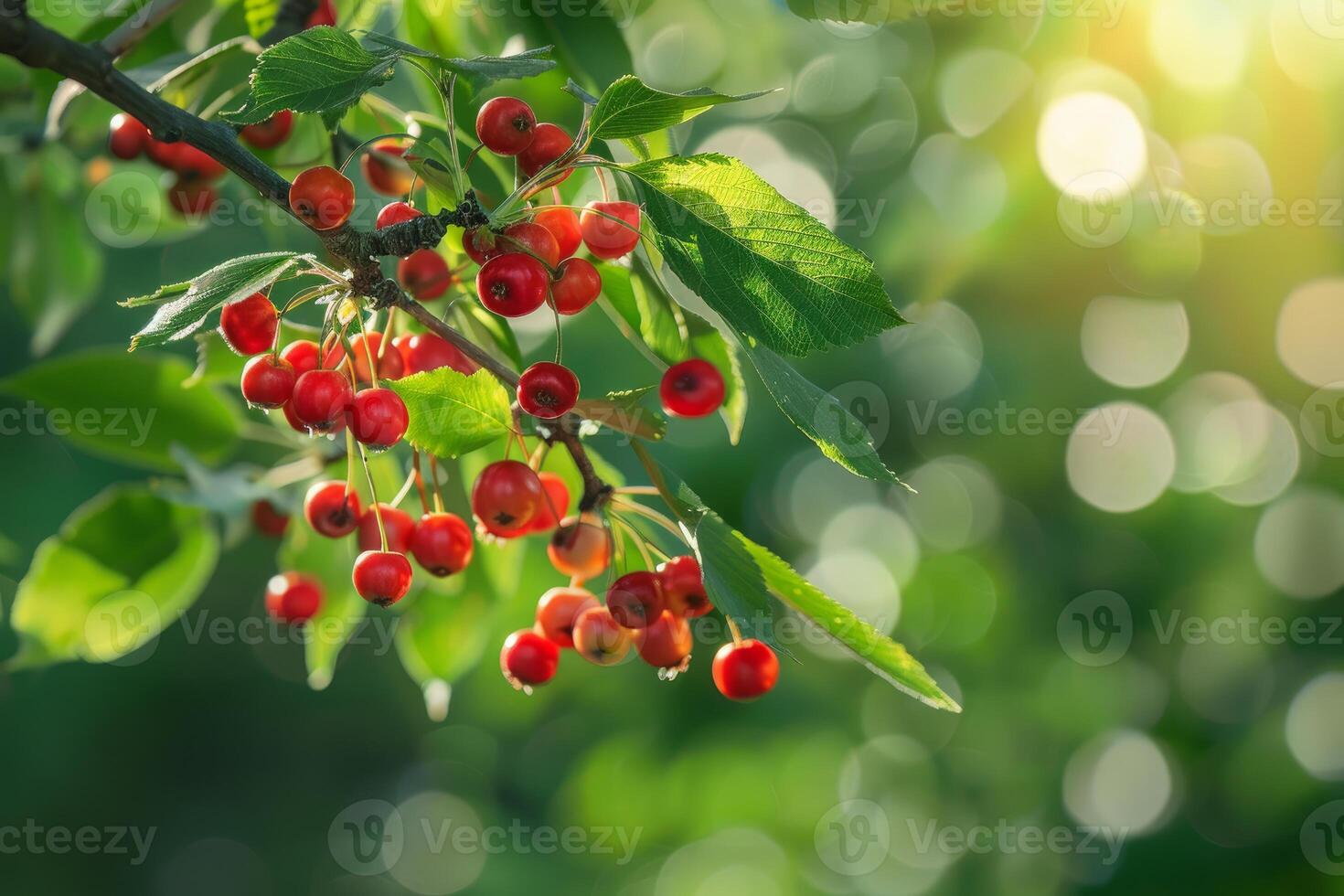 Branch of a wild apple tree with ripe red fruits is growing in a garden photo