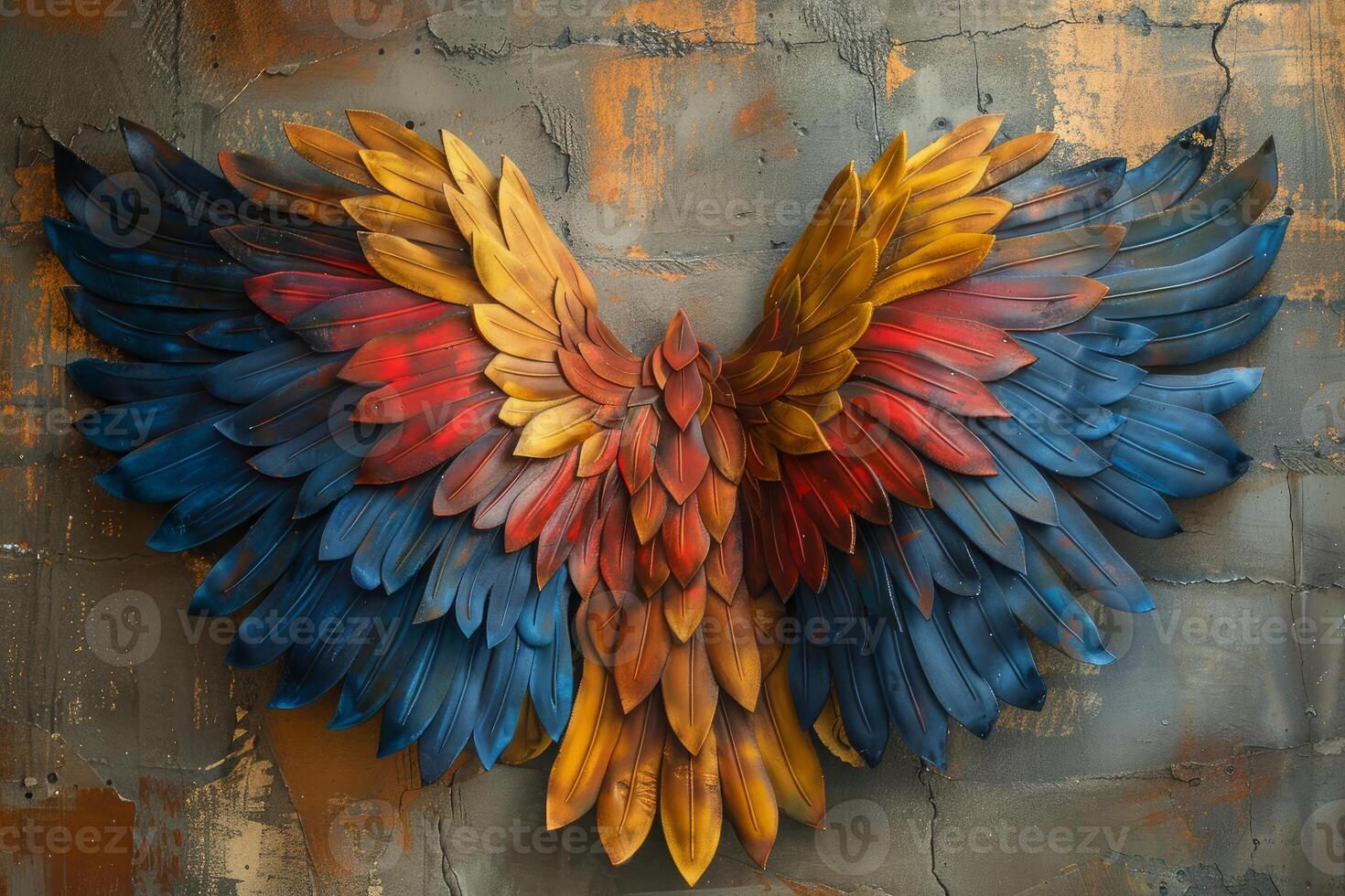 Large colorful metal angel wings hanging on a textured wall photo