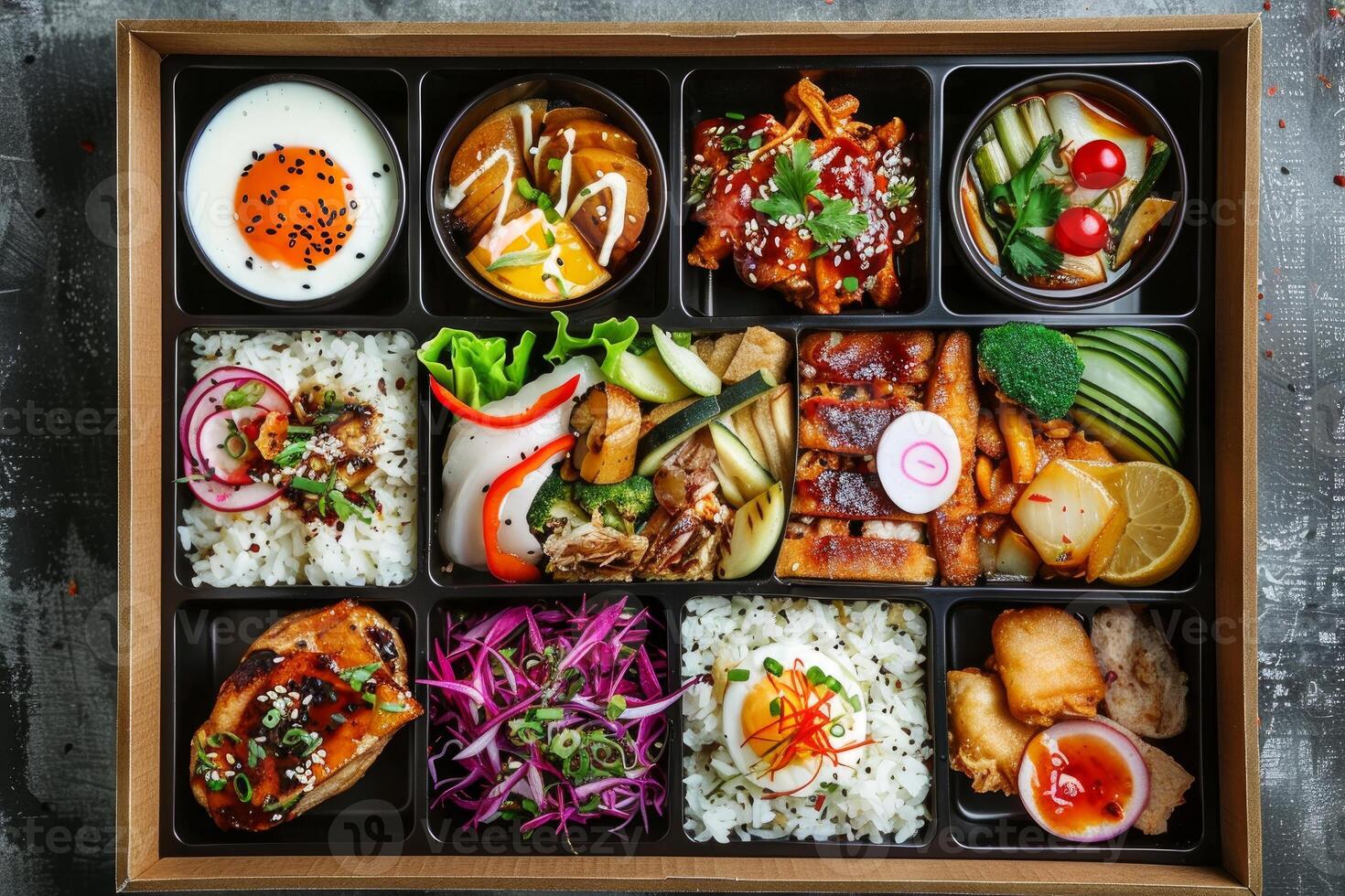 Delicious bento box presenting variety of japanese food photo