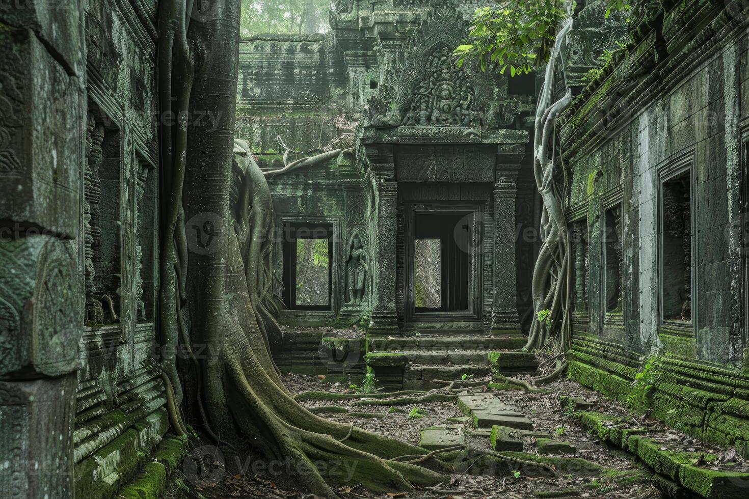 Giant tree roots are taking over ancient temple ta prohm in angkor wat, siem reap, cambodia photo