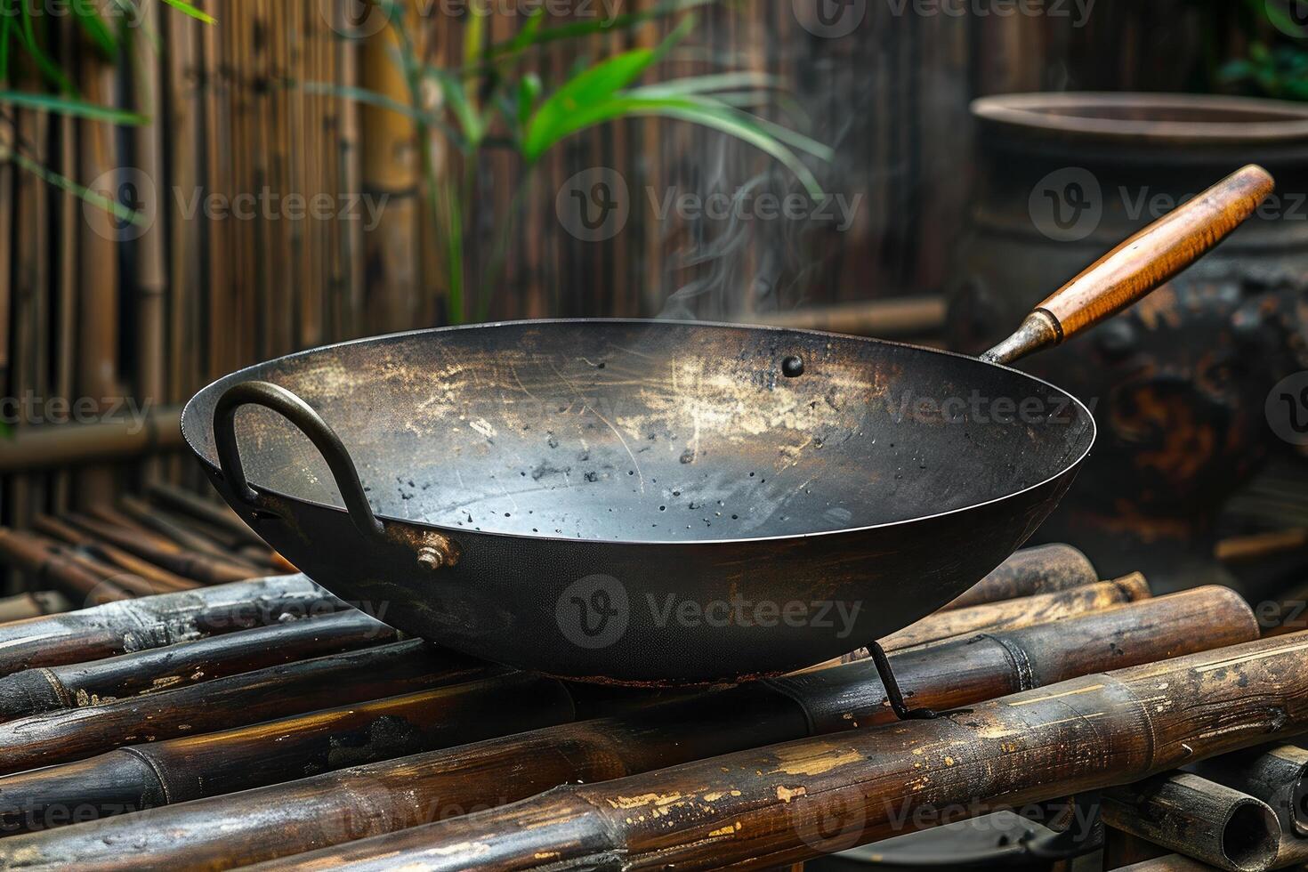 Empty wok heating up on bamboo stove with steam coming out photo