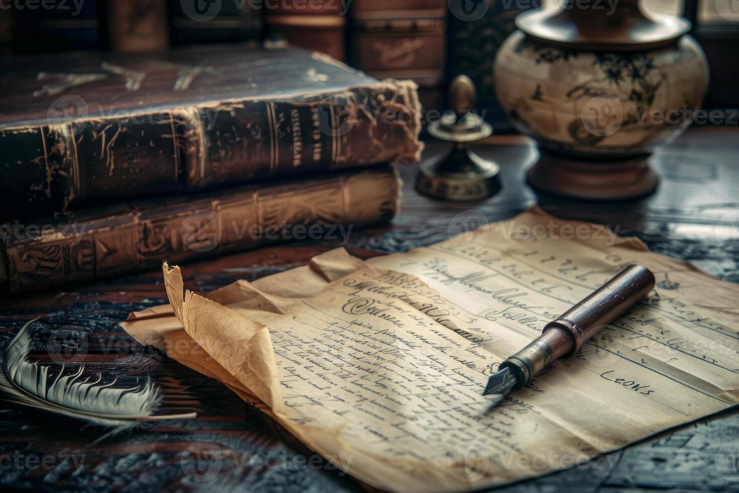 Antique pen lying on weathered paper with vintage books in background photo