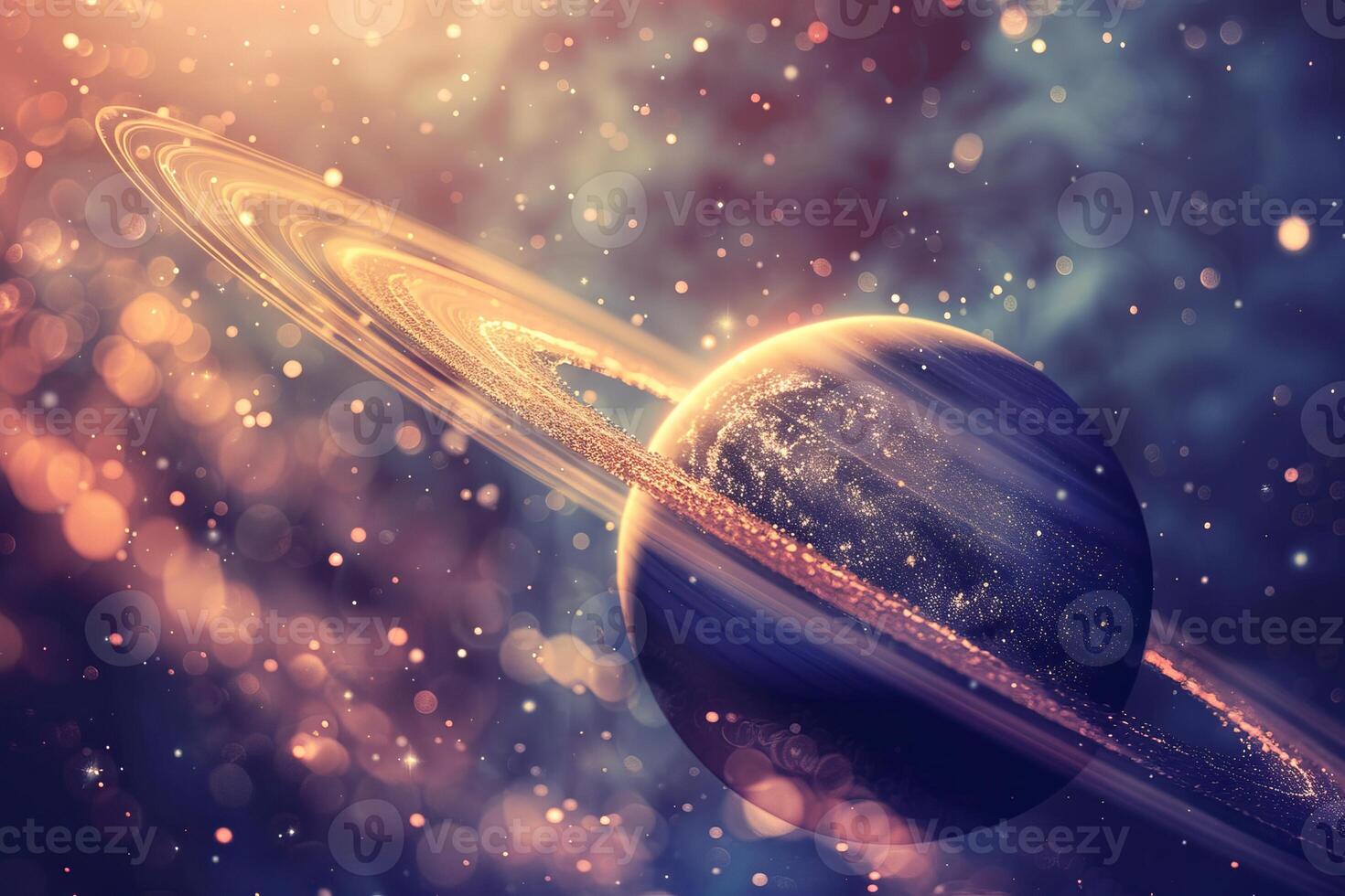 Giant ringed planet surrounded by a glowing nebula cloud in deep space photo