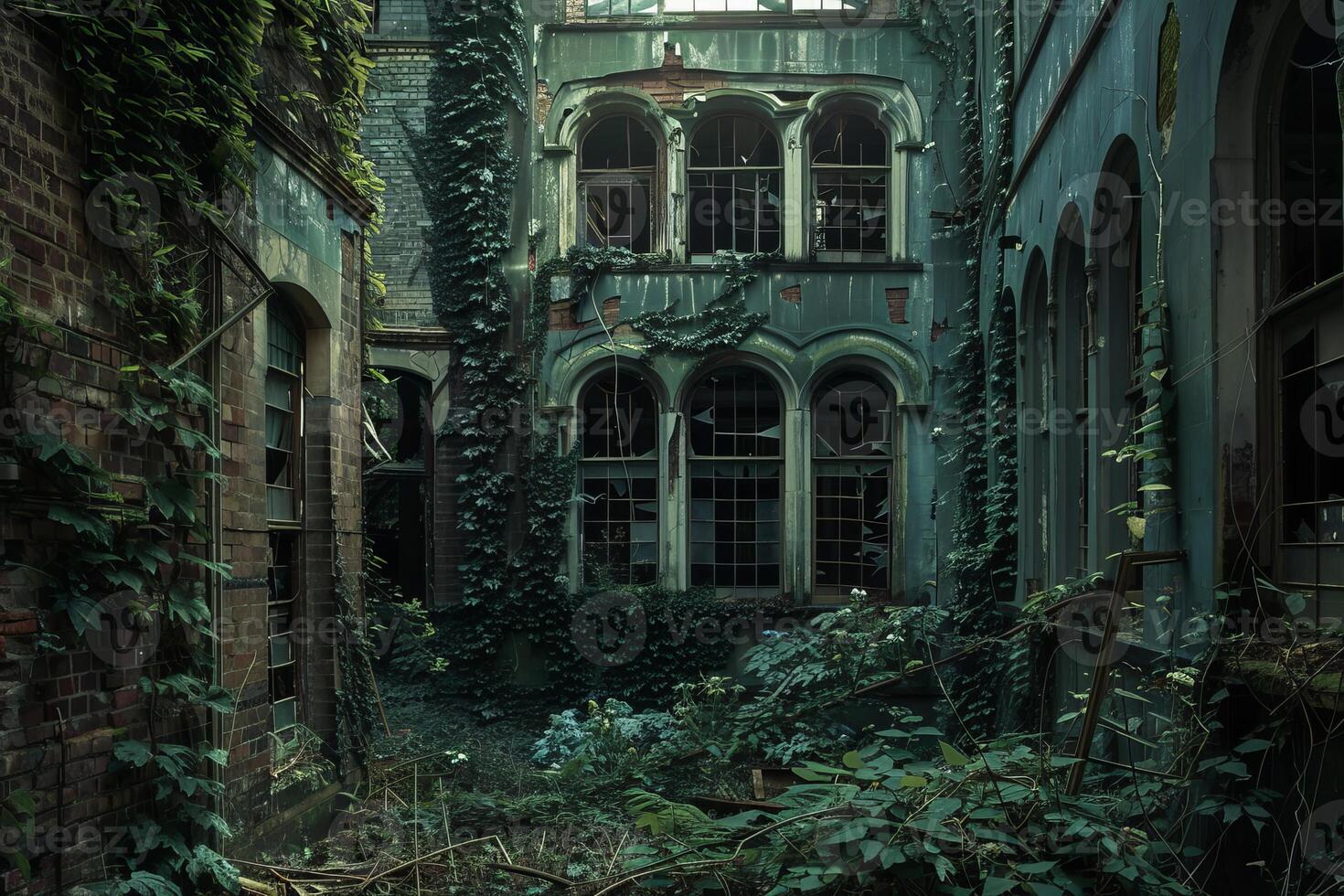 Nature taking over abandoned building with broken windows photo