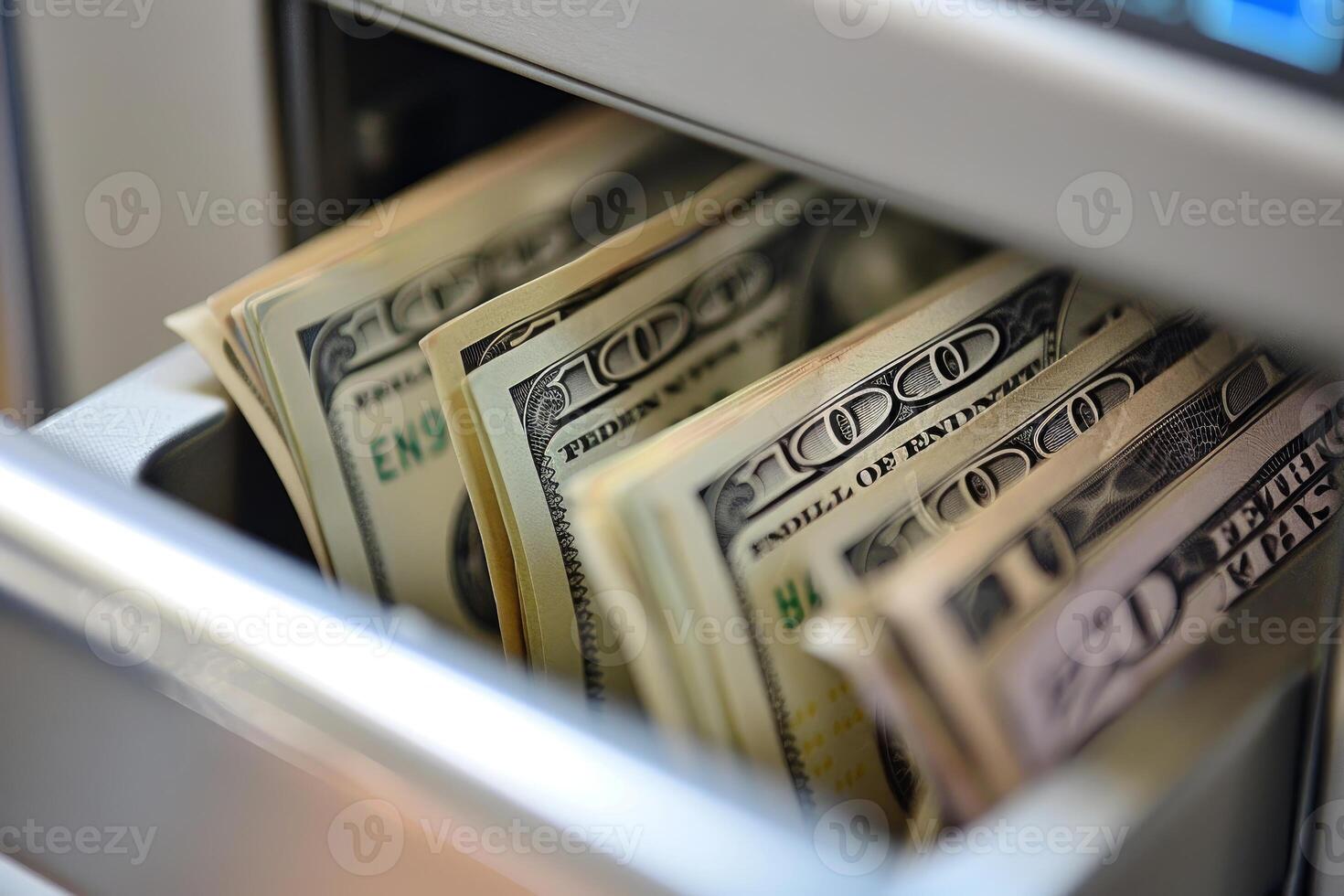 Open cash register drawer filled with one hundred dollar bills photo
