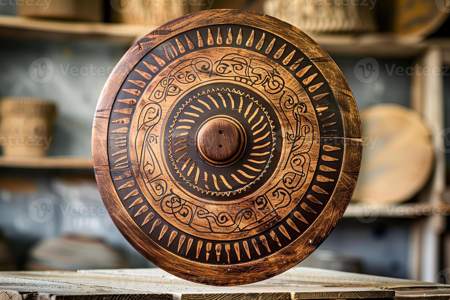 Wooden round decorated panel standing on workshop table photo