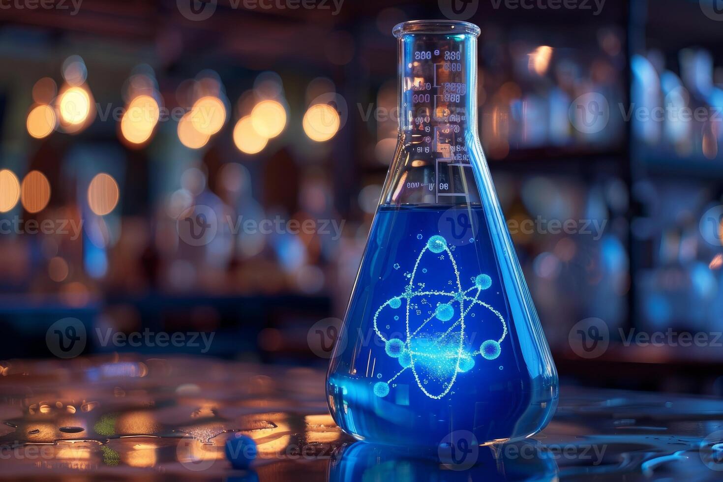 Erlenmeyer flask containing blue liquid and glowing atom symbol in modern laboratory setting photo