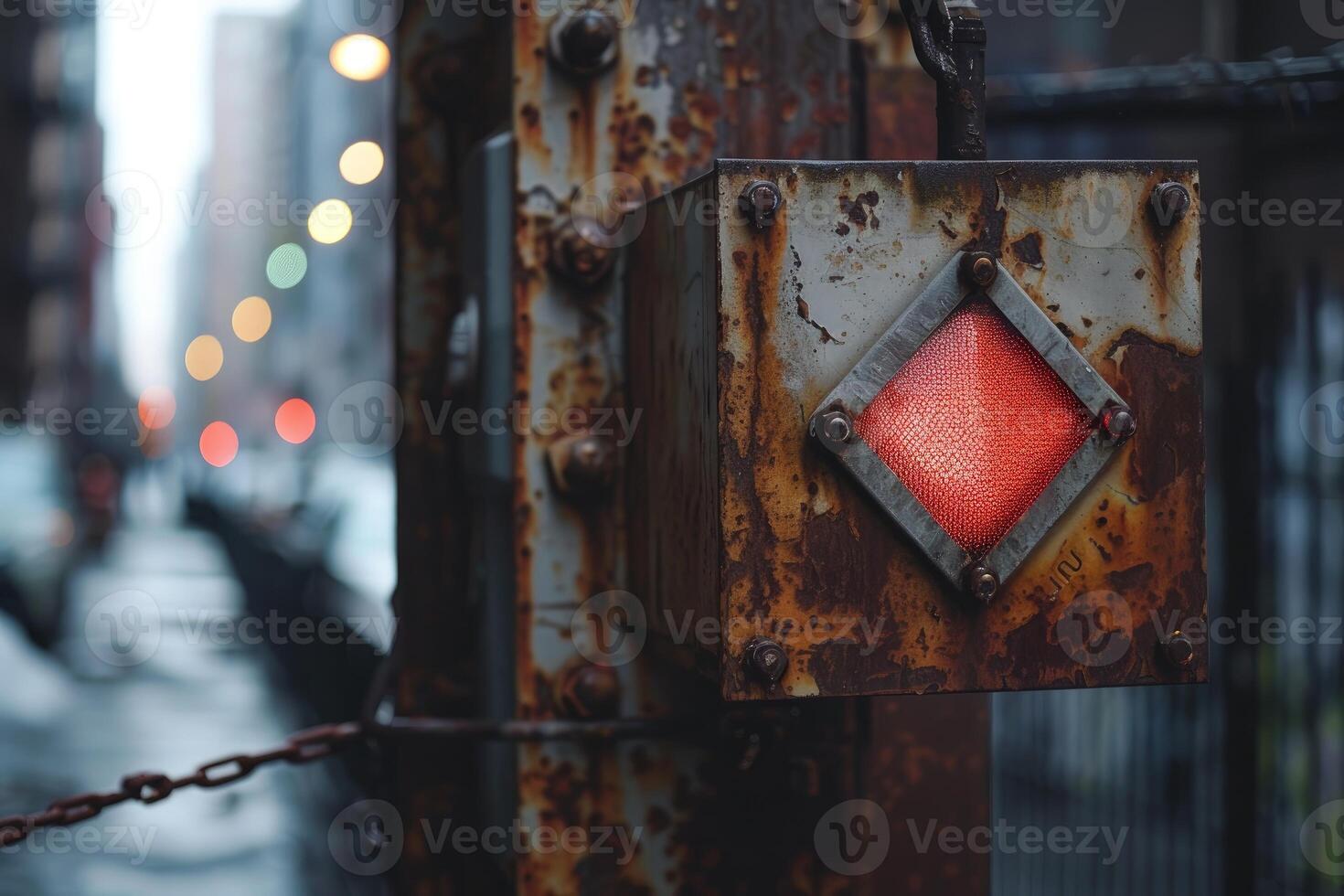 Rusty glowing red industrial light on metal post in new york city photo