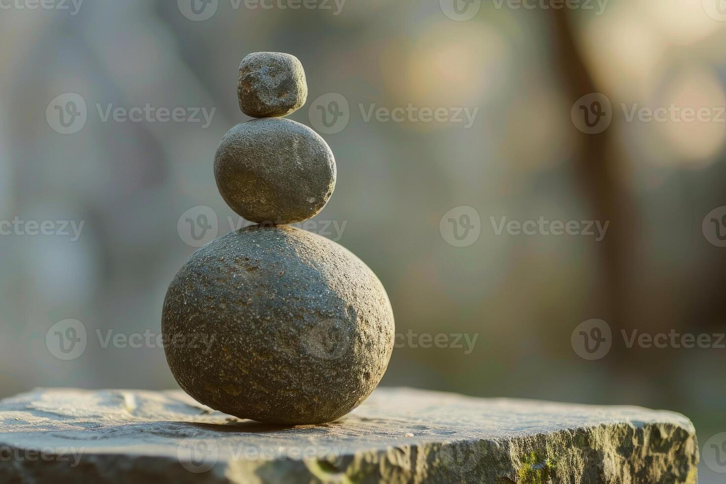 Stack of rounded zen stones balancing on rock in nature setting photo