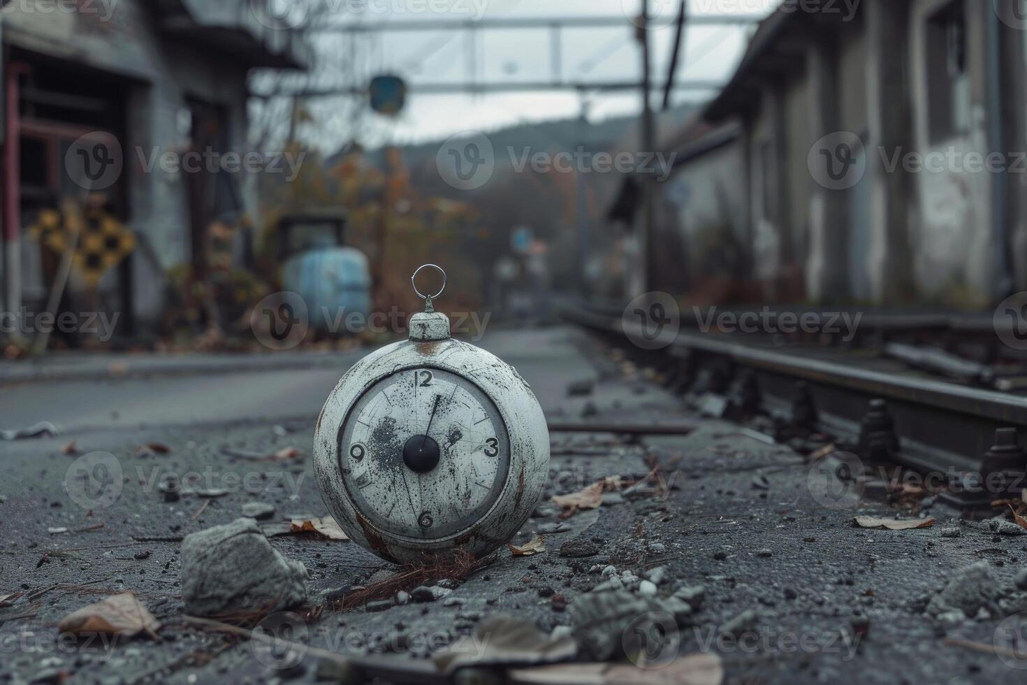 Old clock showing five o'clock lying on abandoned train station platform photo