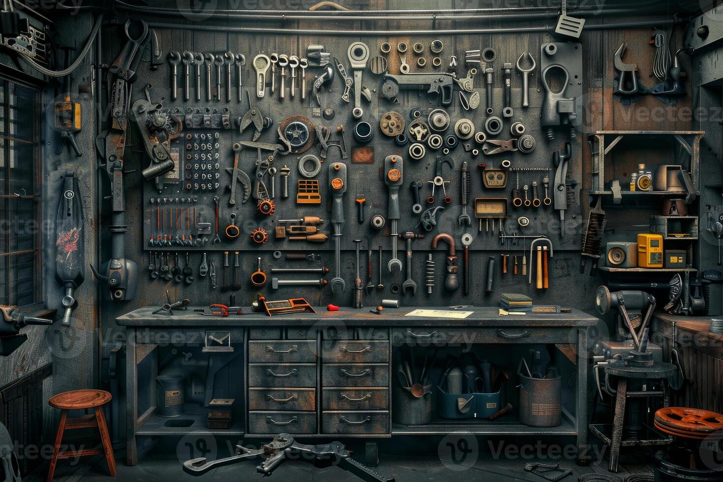 Mechanic organizing tools on pegboard in workshop photo