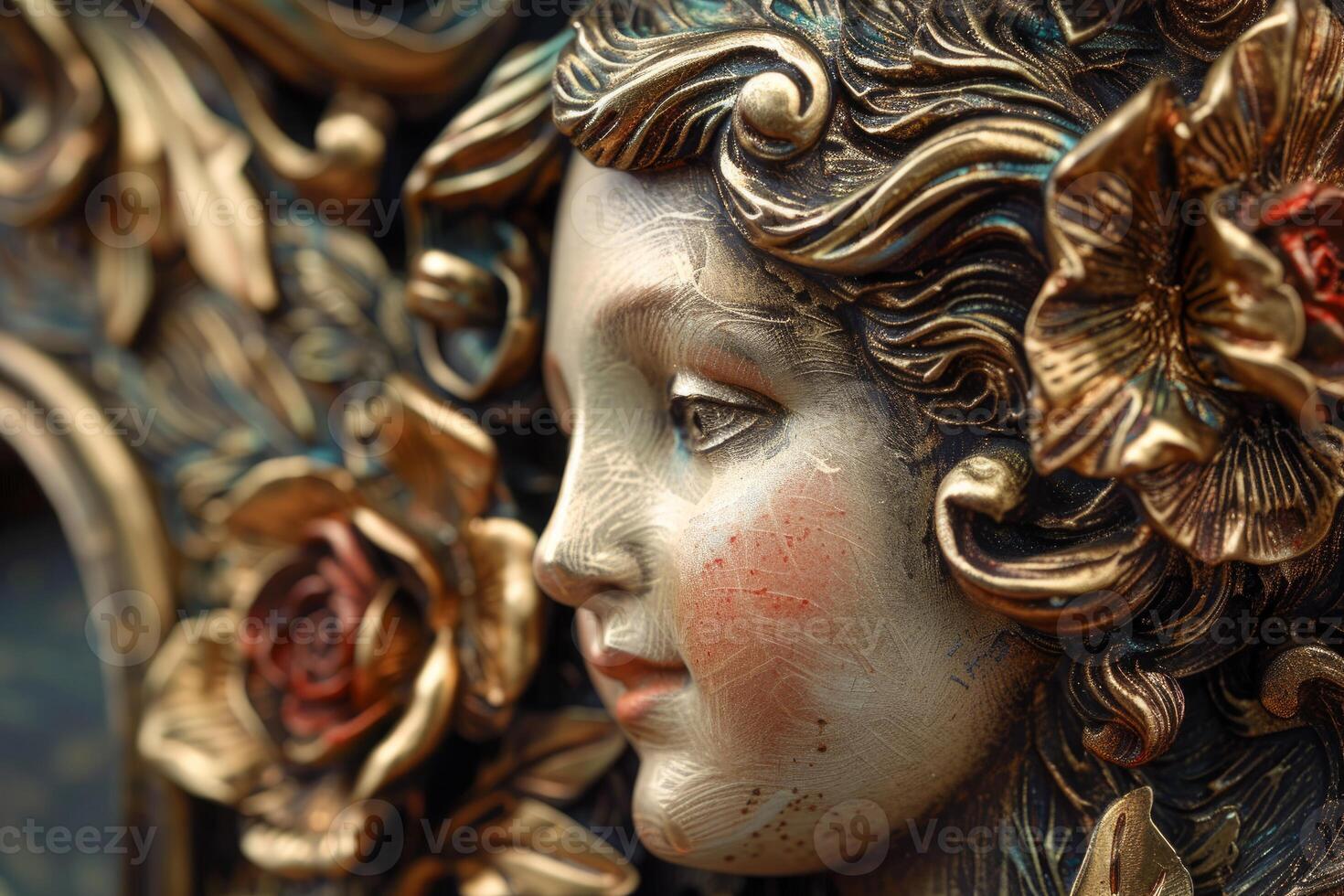 Golden antique woman face sculpture looking left with flowers photo