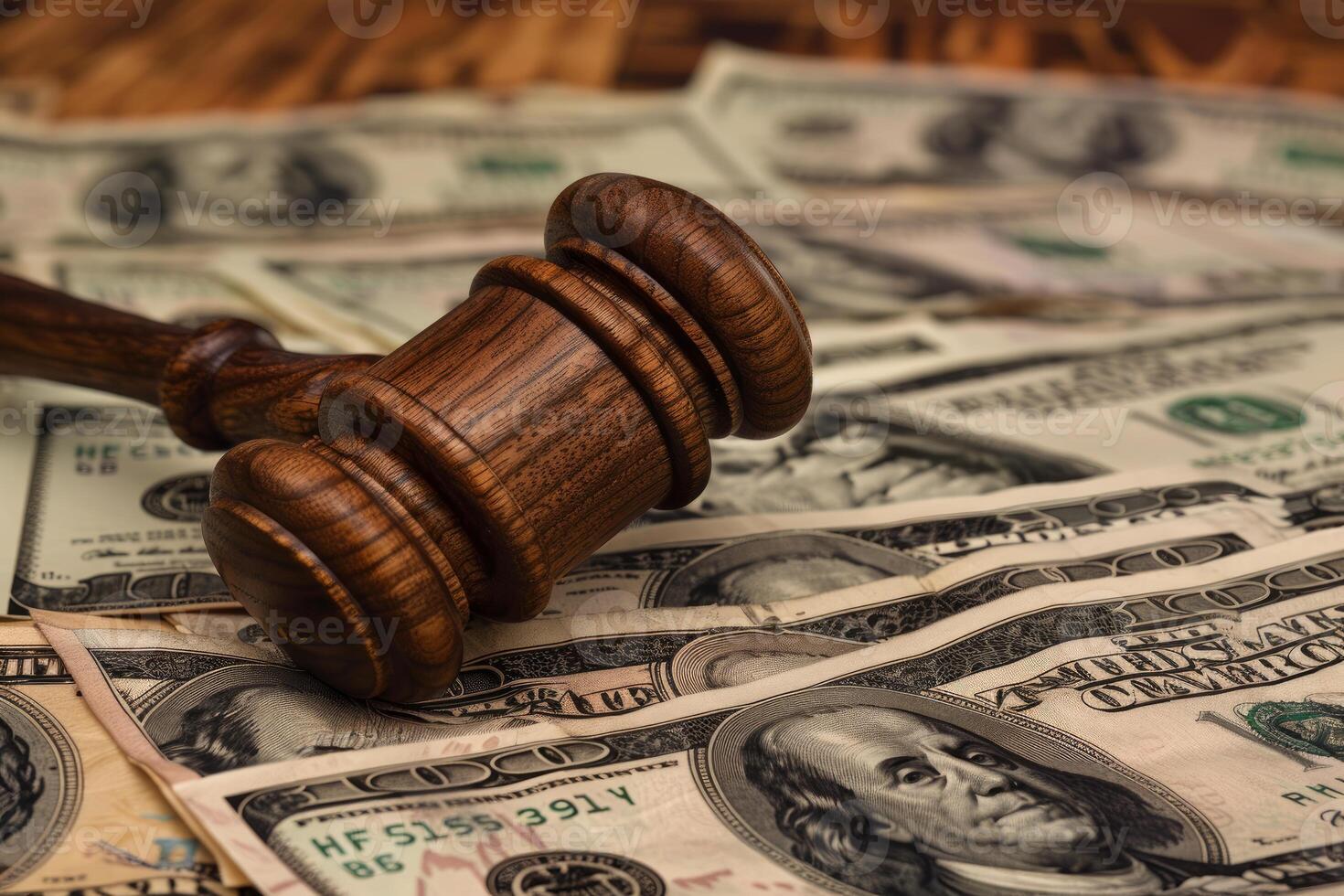 Wooden judge gavel resting on american one hundred dollar bills photo