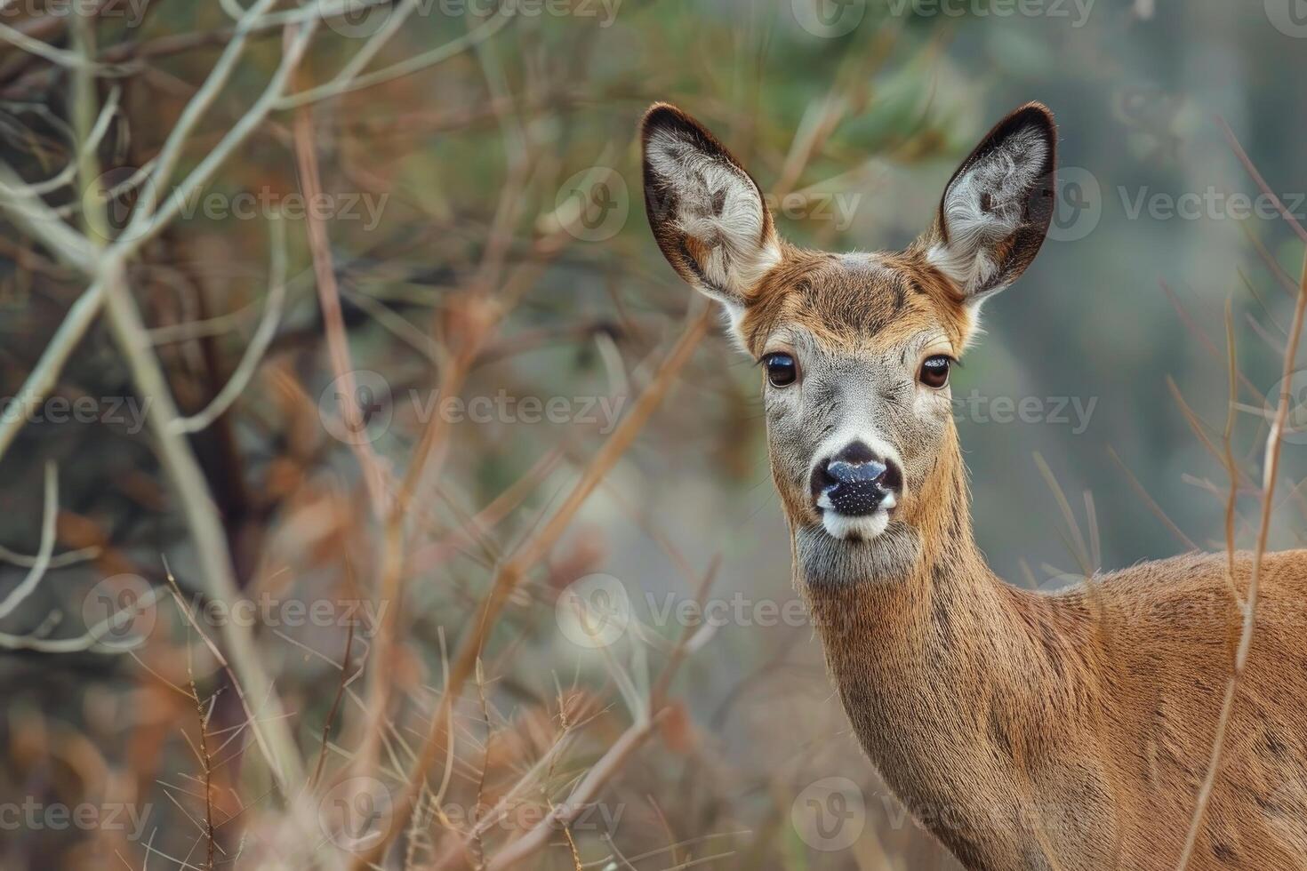 Wild roe deer doe looking through bare branches in forest photo