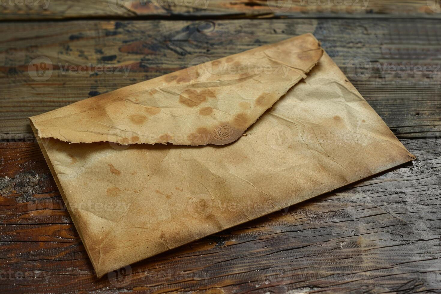 Old stained envelope sealed with wax on wooden table photo