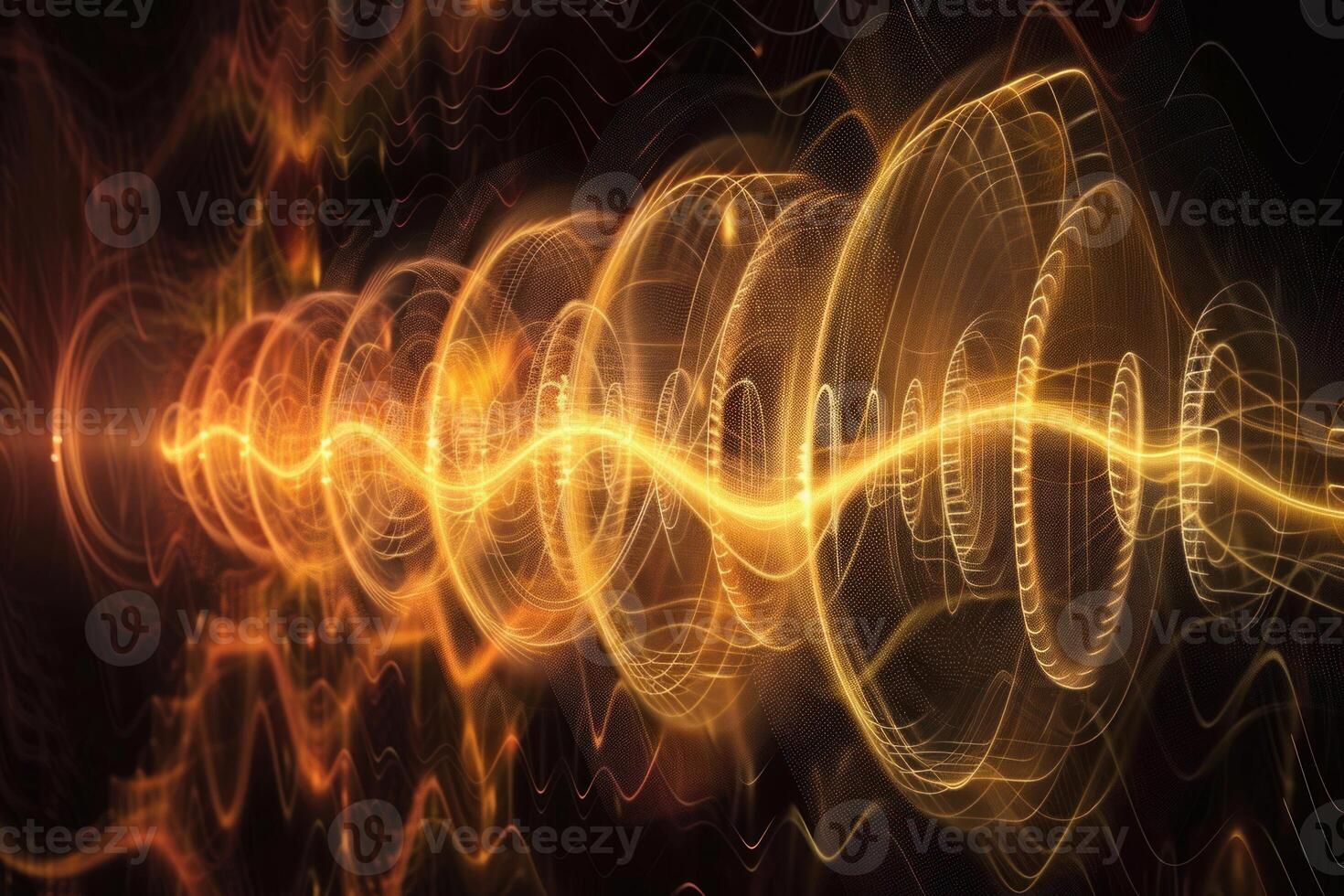Golden energy wave flowing through abstract space time continuum photo