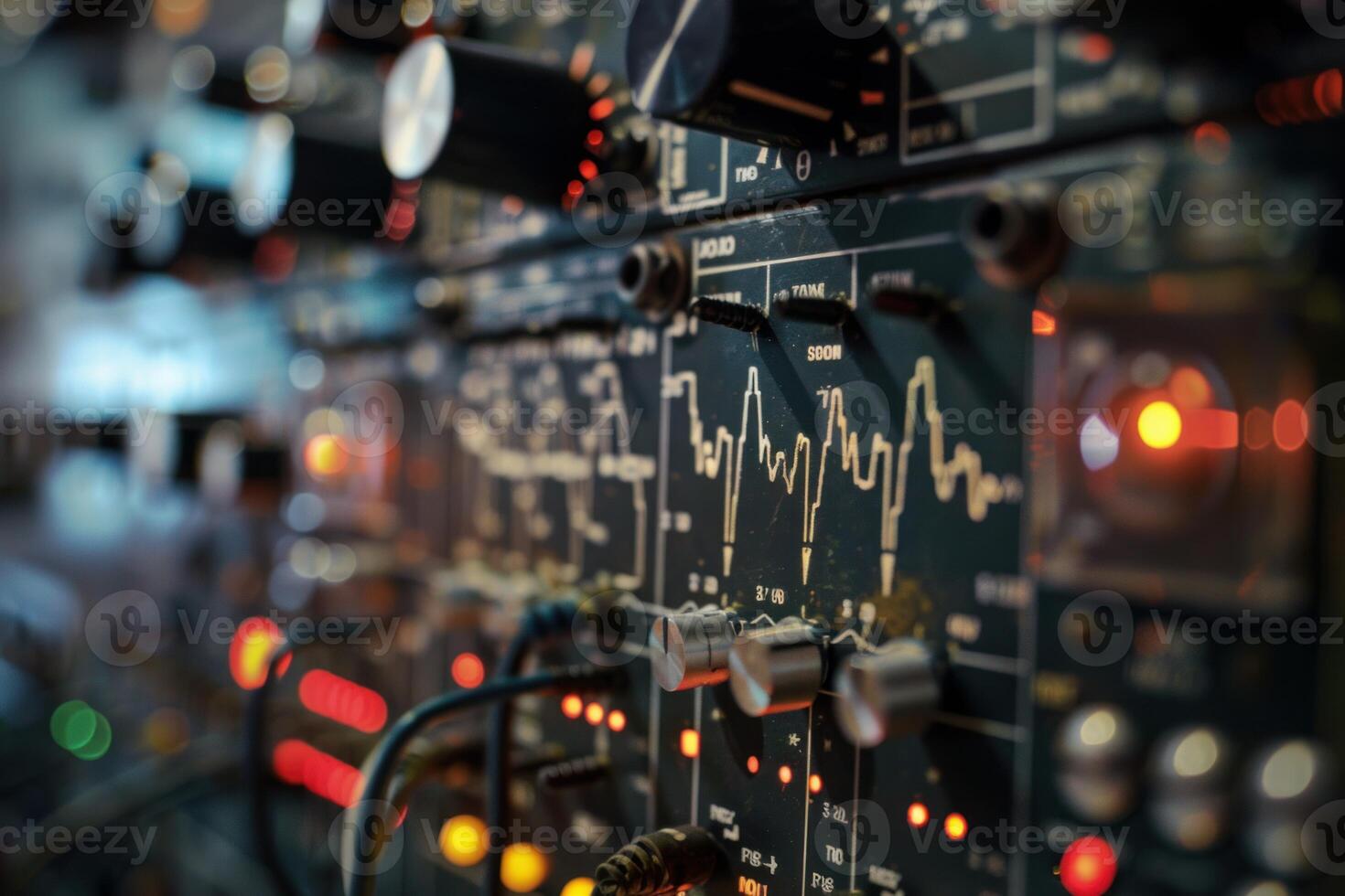 Vintage control panel with buttons and knobs displaying a signal graph photo
