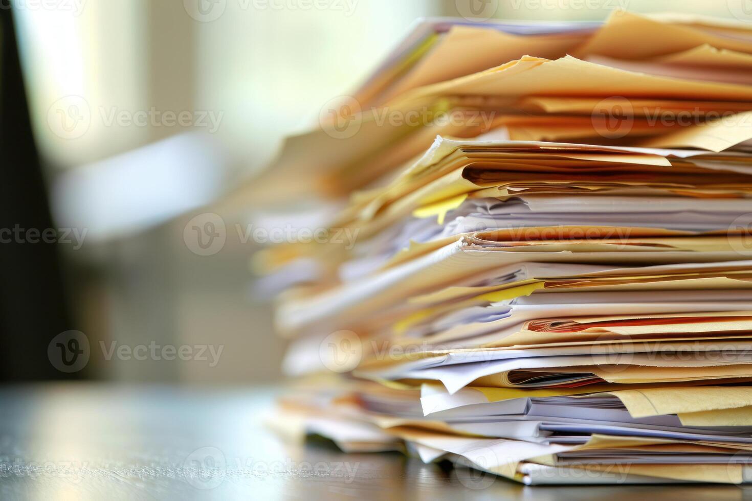 Stack of files overflowing on office desk represents paperwork photo