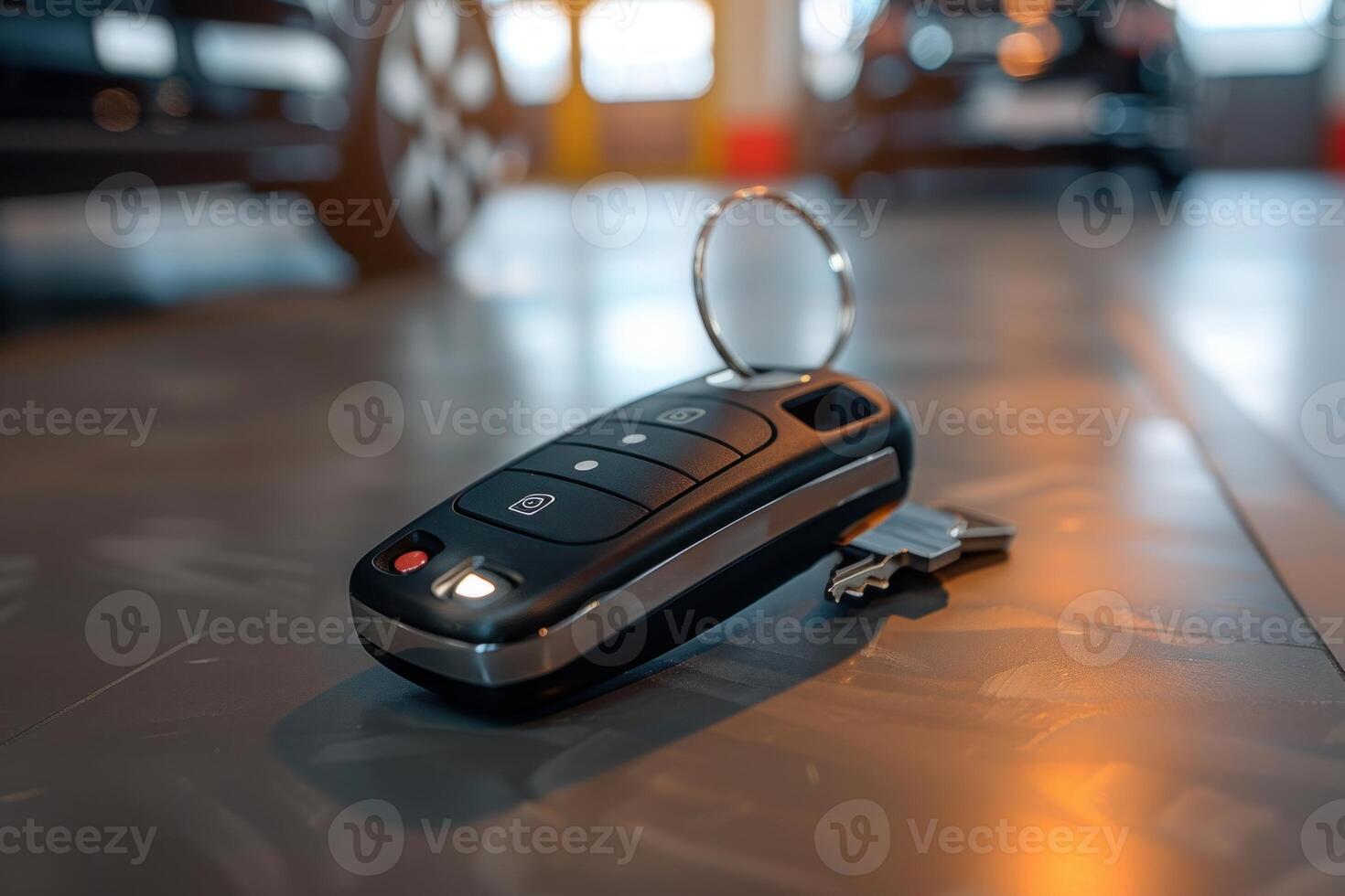 Car key fob sitting on desk with car in background photo