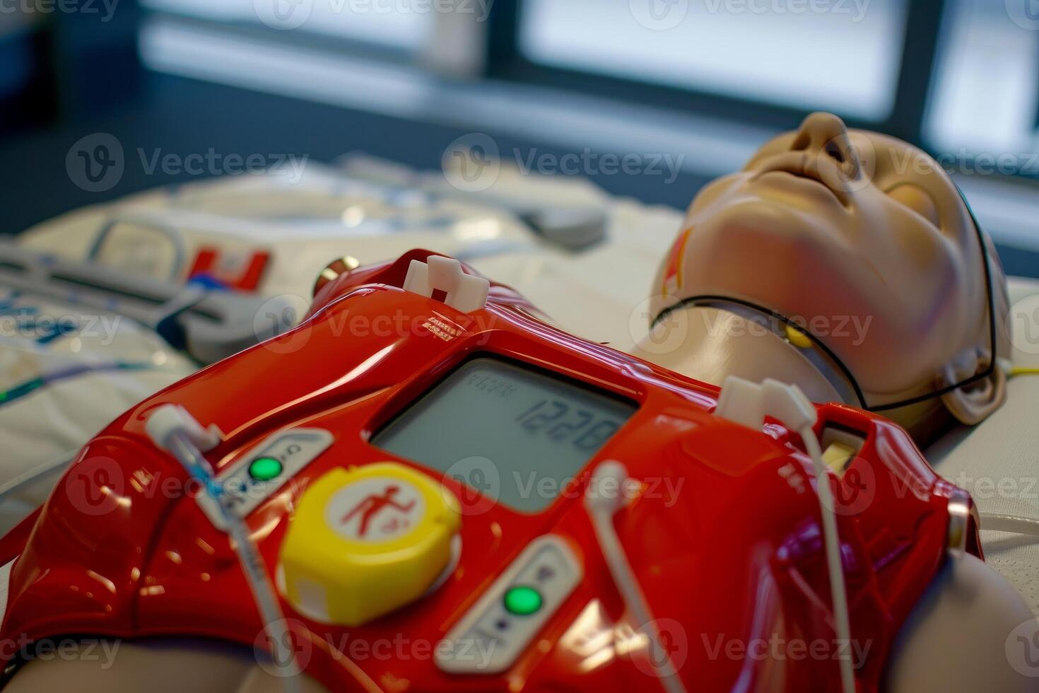 Medical training dummy lying with defibrillator simulator device photo