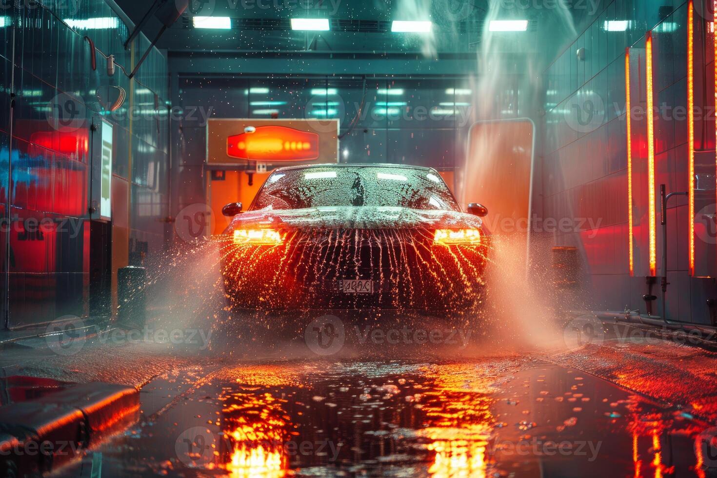 Modern car wash with a black car getting cleaned and detailed photo