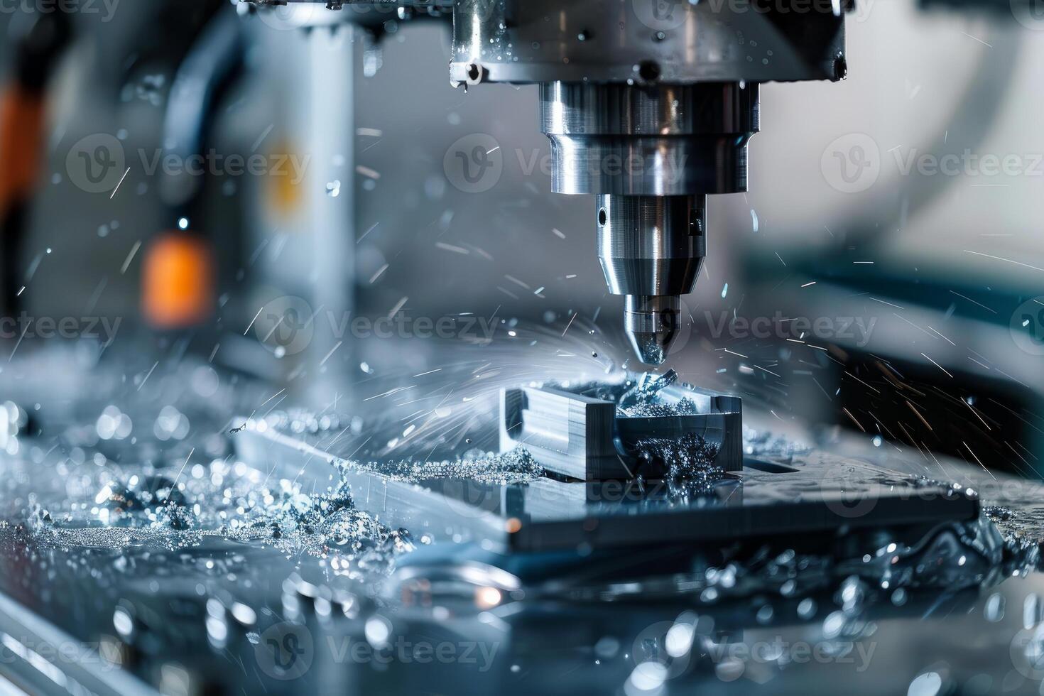Cnc milling machine creating metal detail with water cooling system photo
