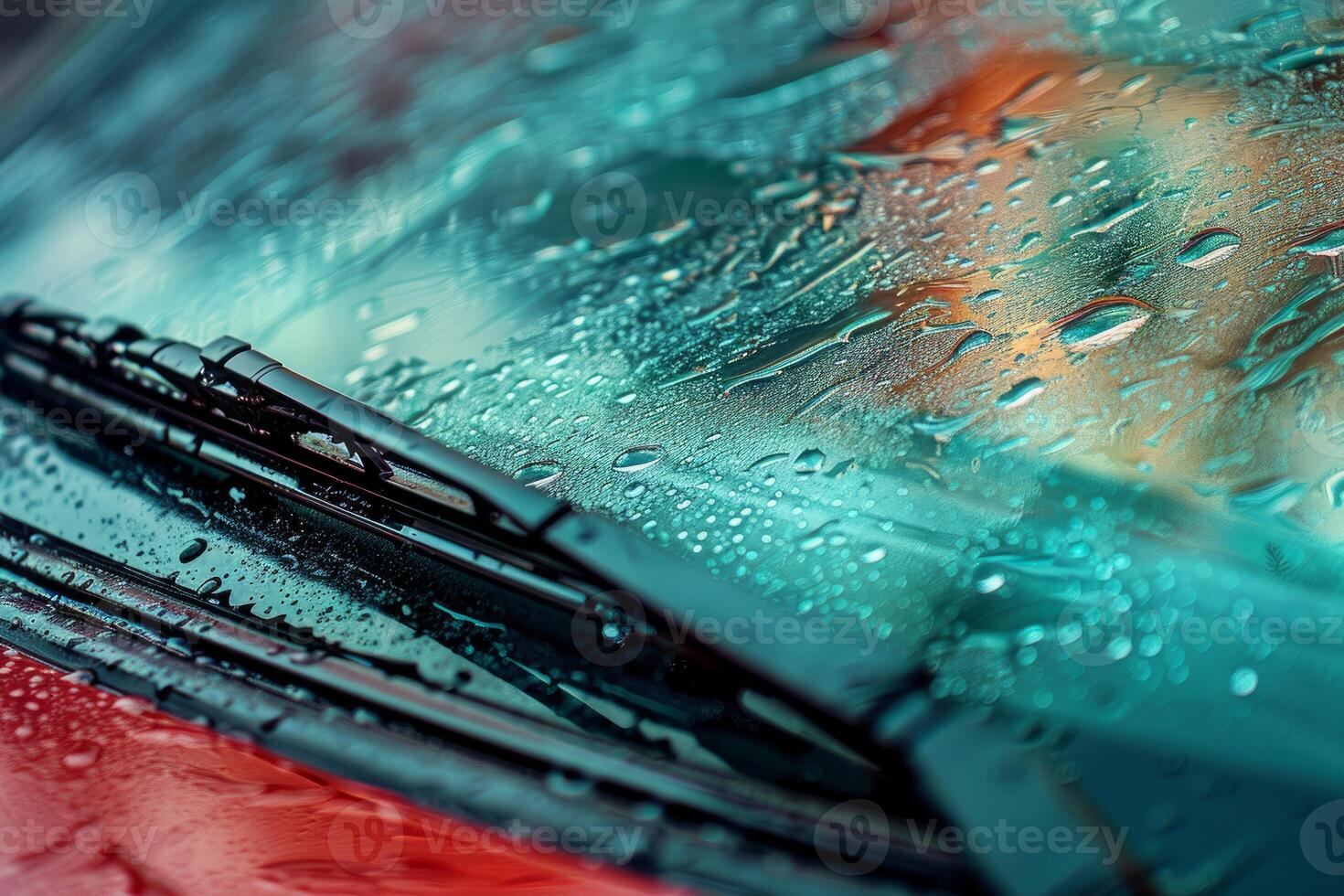 Windshield wiper wiping raindrops from car windscreen during rain photo