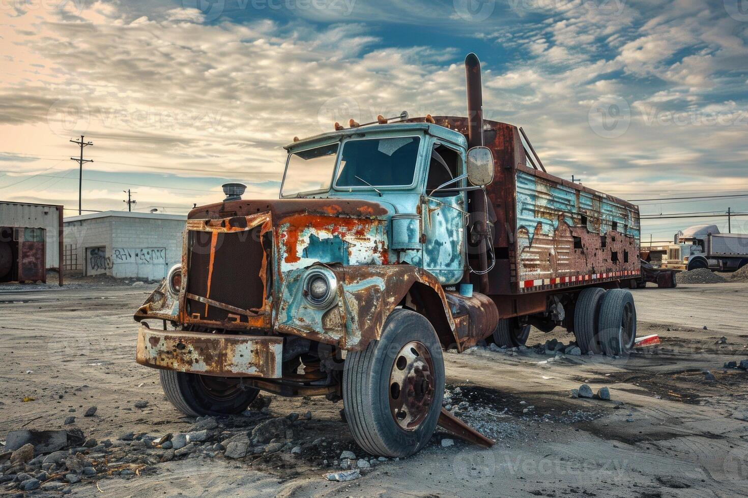Old rusty abandoned truck sitting under a cloudy sky photo