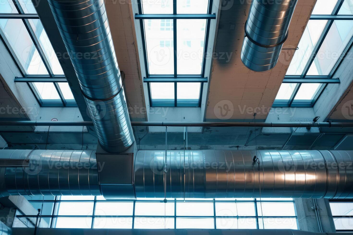 Ventilation system pipes covering ceiling of modern building photo
