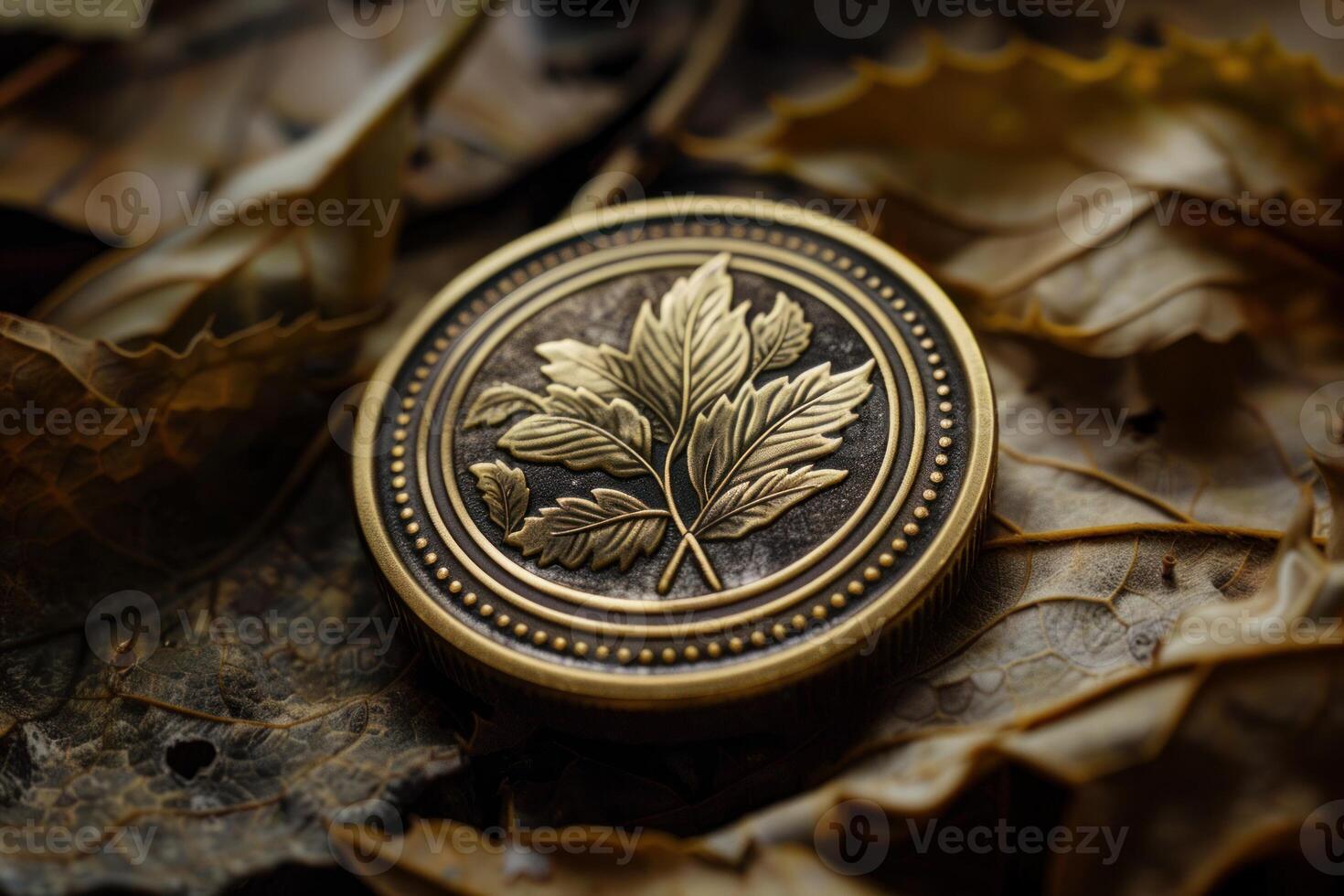 Golden coin decorated with a leaf ornament lying on dry fallen leaves photo