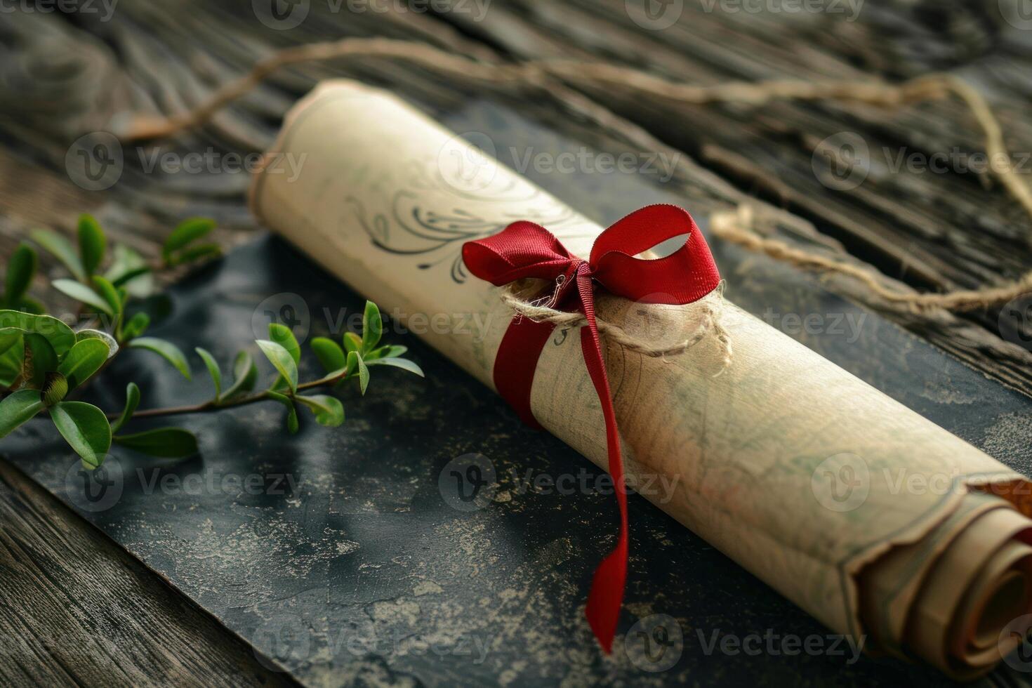 Old scroll tied with red ribbon lying on wooden table with green leaves photo