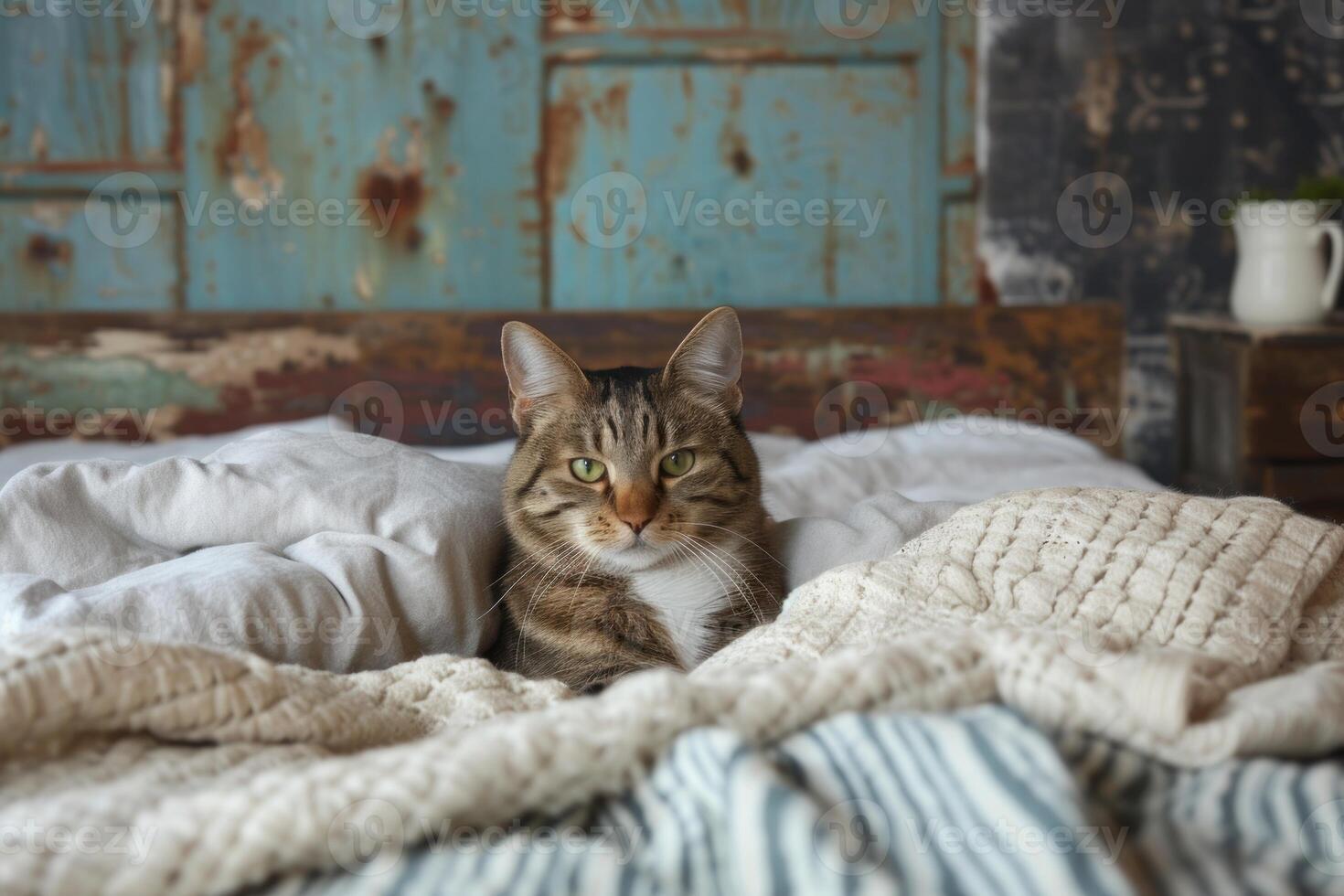 Cozy cat lounging in bed photo