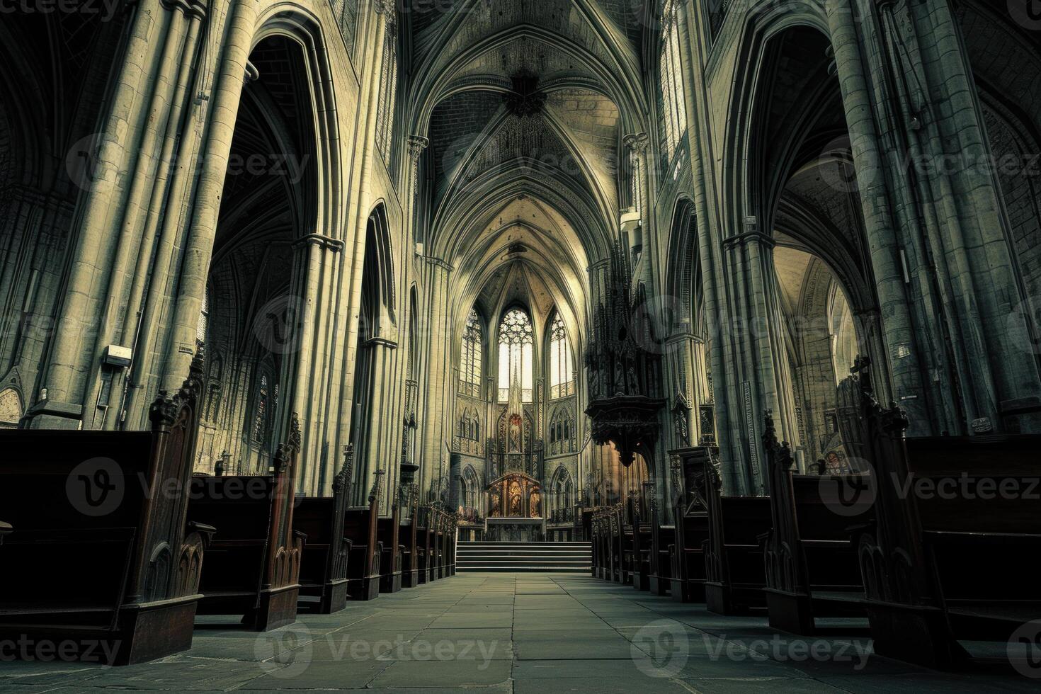 Serene view of a grandiose gothic cathedral's interior, showcasing intricate architecture and artistry photo