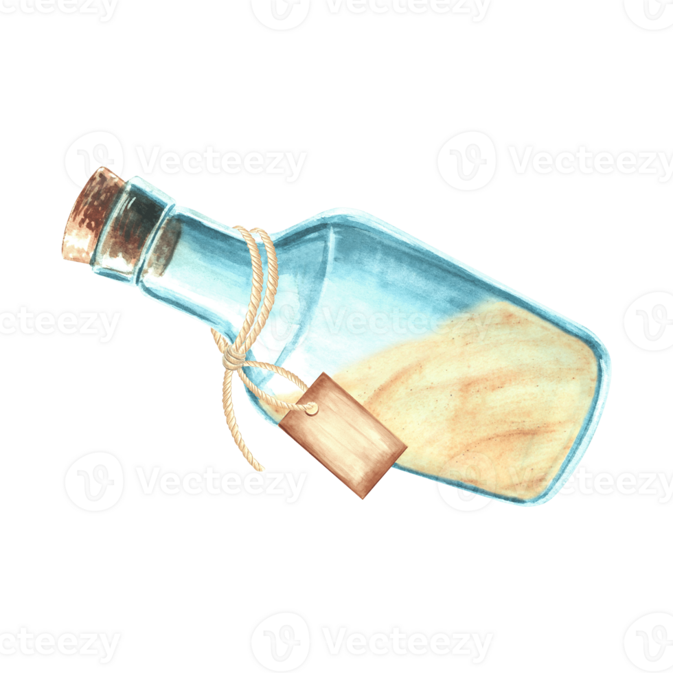 Glass bottle filled with sand, with label on rope. Vessel with sea salt. Hand drawn watercolor illustration isolated. Utensil with sauce or mustard. Clipart for card, cosmetic wrapping, menu. png