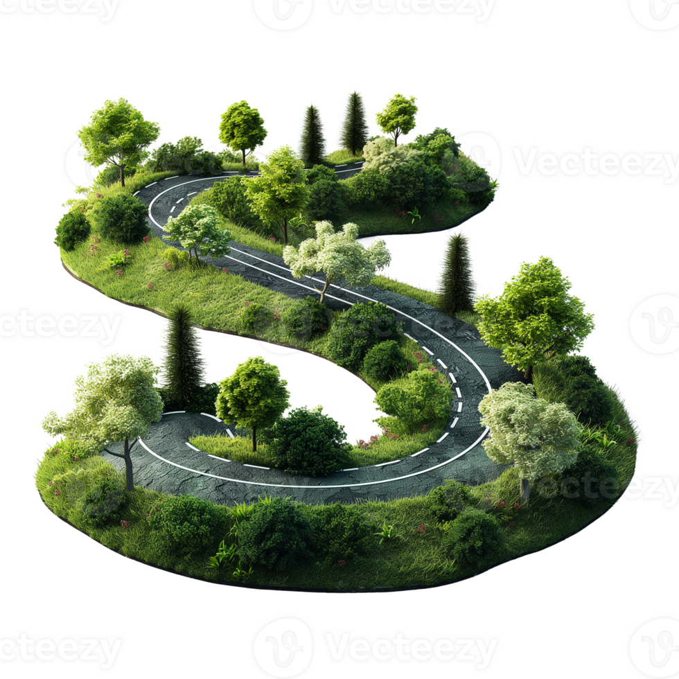 3D piece of green island with highway road isolated on transparent background. png