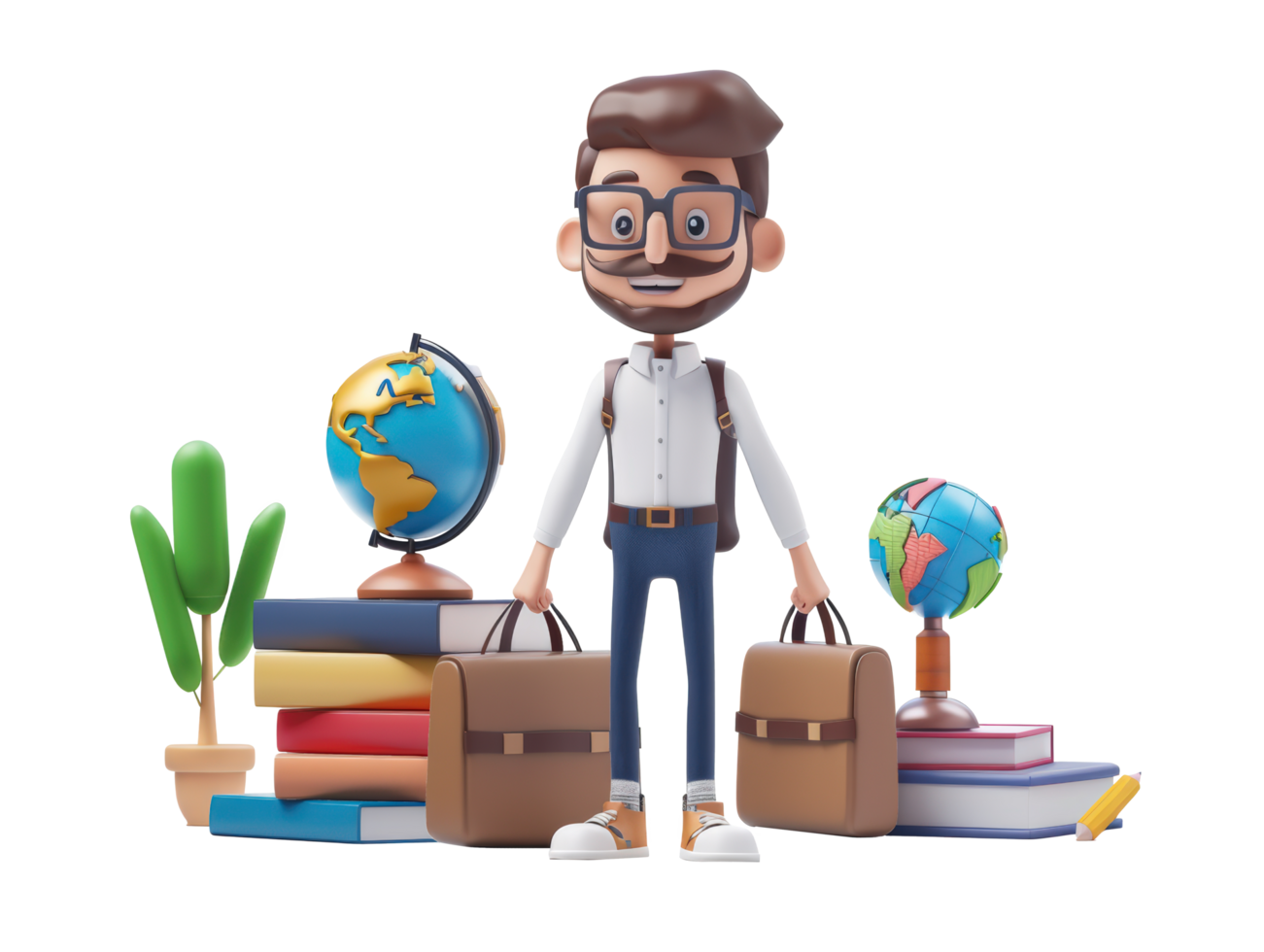 A cartoon man with a backpack and a globe png