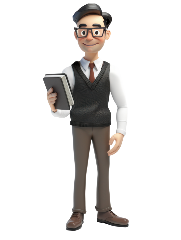 uma desenho animado homem segurando uma livro e vestindo óculos png